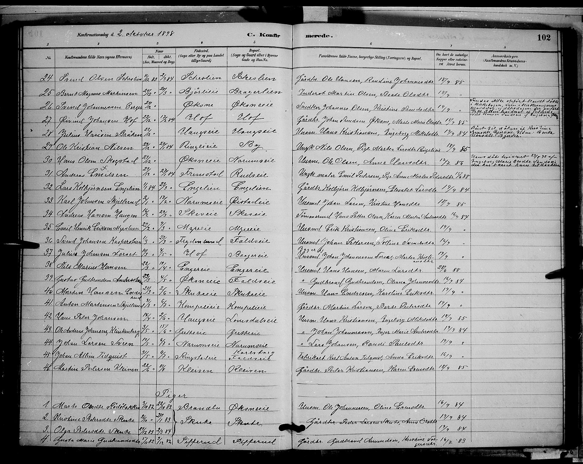 Søndre Land prestekontor, AV/SAH-PREST-122/L/L0002: Klokkerbok nr. 2, 1884-1900, s. 102