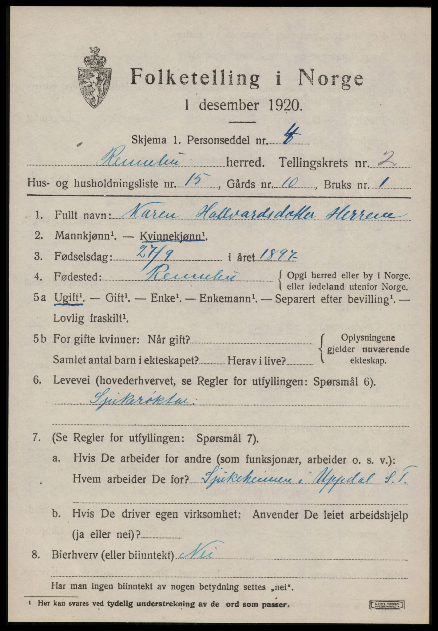 SAT, Folketelling 1920 for 1635 Rennebu herred, 1920, s. 1398