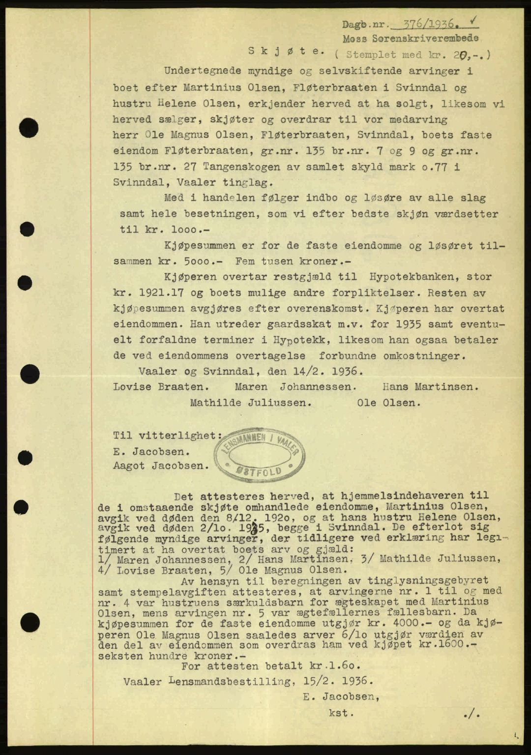 Moss sorenskriveri, SAO/A-10168: Pantebok nr. A1, 1936-1936, Dagboknr: 376/1936