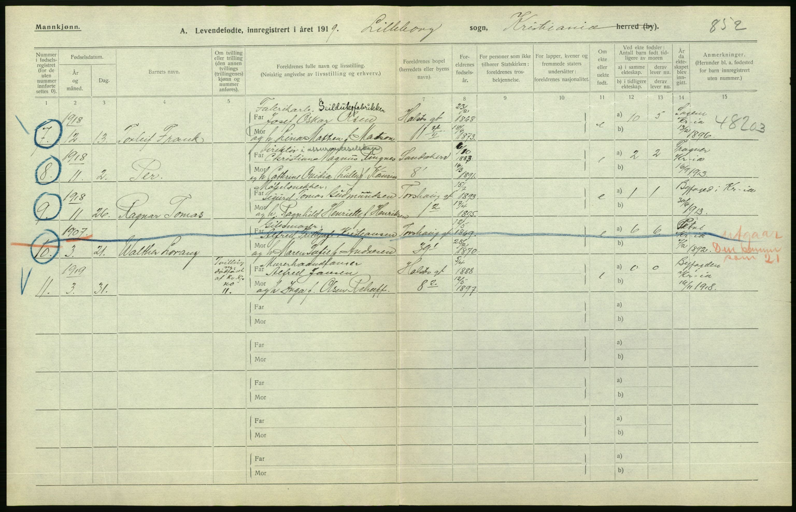 Statistisk sentralbyrå, Sosiodemografiske emner, Befolkning, AV/RA-S-2228/D/Df/Dfb/Dfbi/L0008: Kristiania: Levendefødte menn og kvinner., 1919