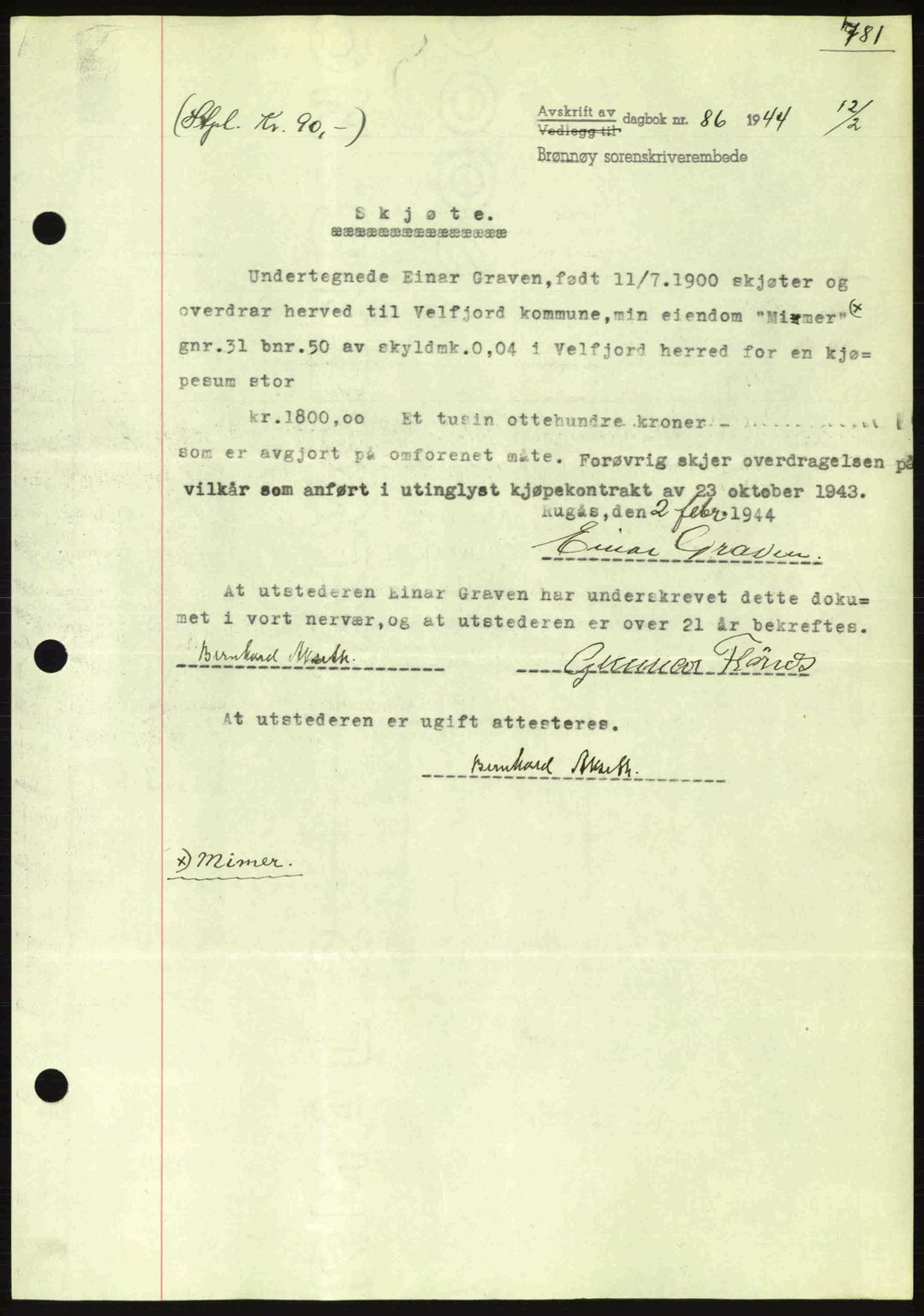 Brønnøy sorenskriveri, SAT/A-4170/1/2/2C: Pantebok nr. 23, 1943-1944, Dagboknr: 86/1944