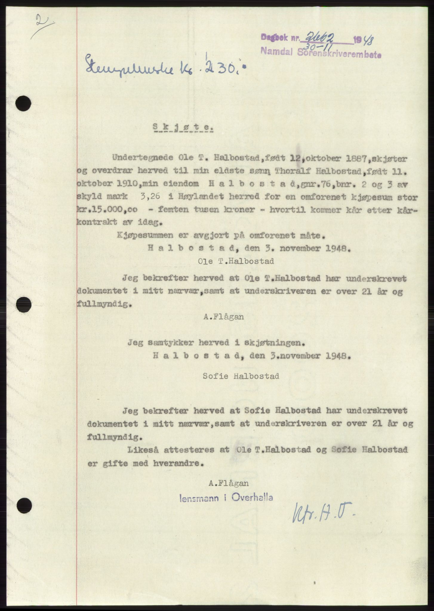 Namdal sorenskriveri, SAT/A-4133/1/2/2C: Pantebok nr. -, 1948-1948, Dagboknr: 2662/1948