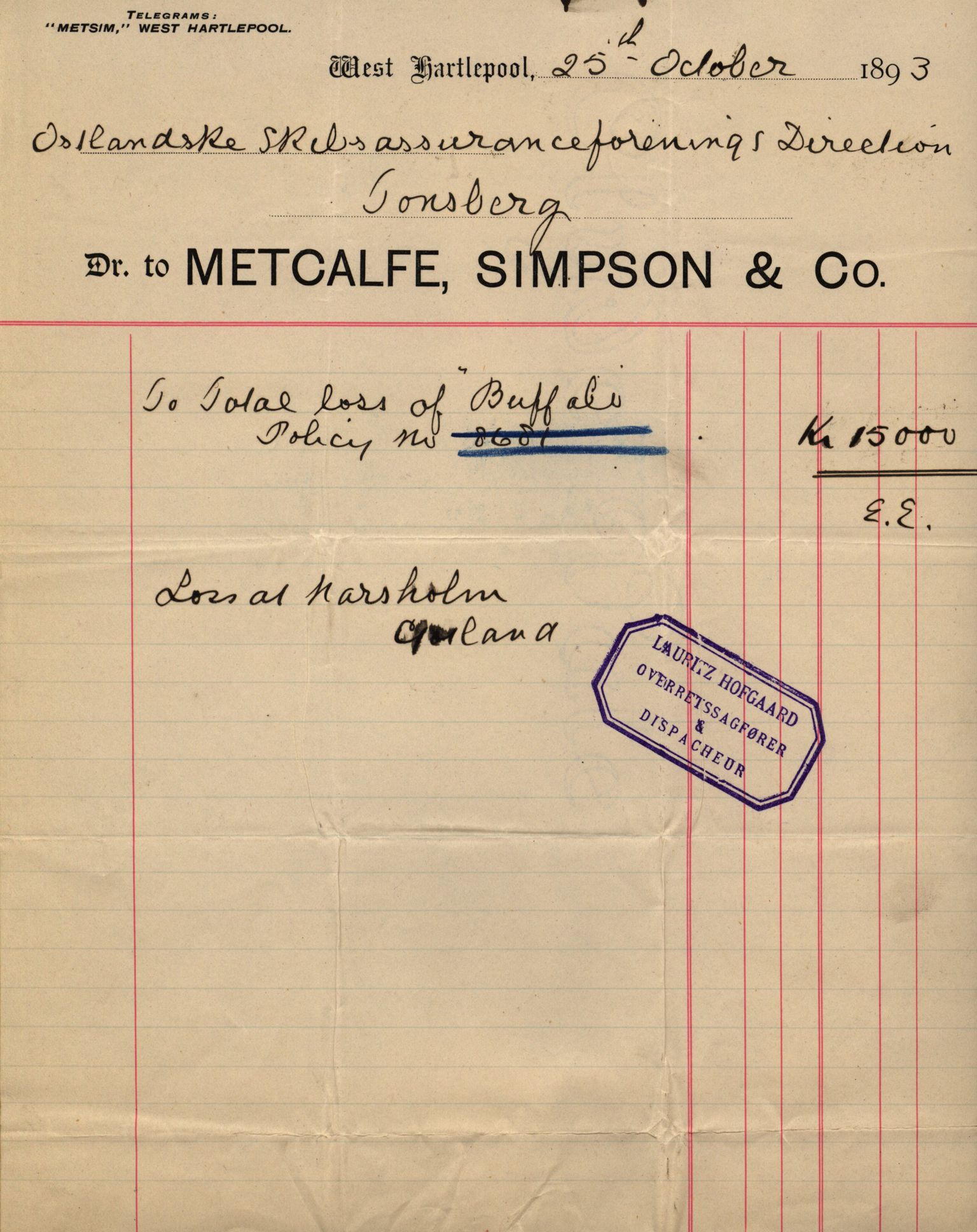 Pa 63 - Østlandske skibsassuranceforening, VEMU/A-1079/G/Ga/L0029/0009: Havaridokumenter / Anette, Agathe, Agra, Buffalo, 1893, s. 62