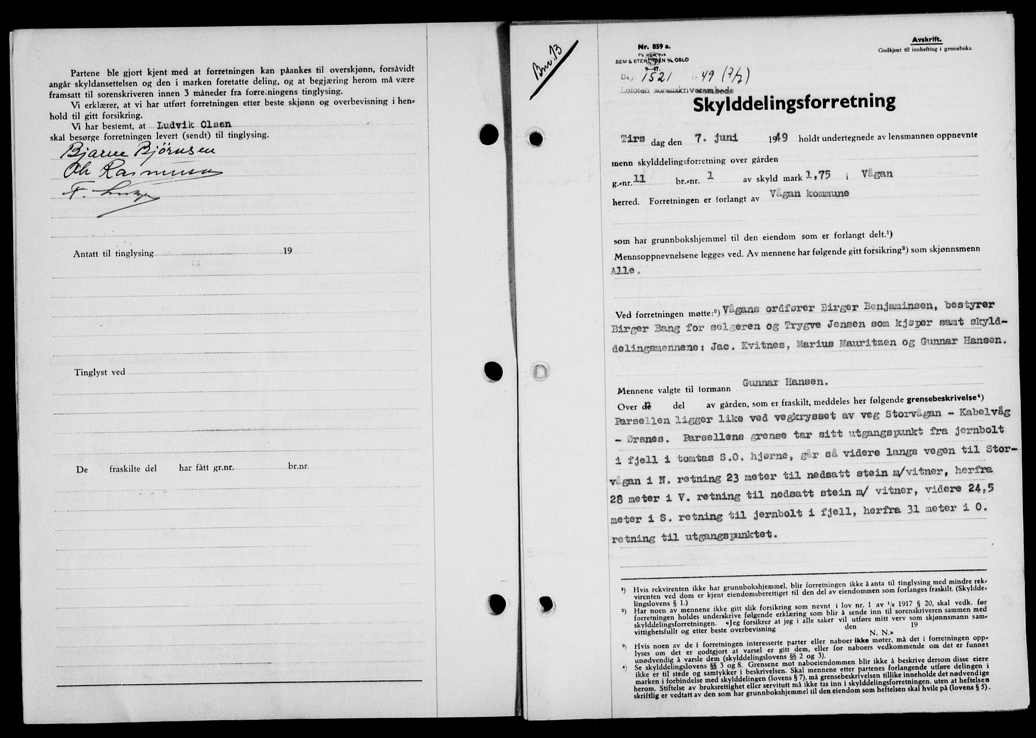 Lofoten sorenskriveri, SAT/A-0017/1/2/2C/L0021a: Pantebok nr. 21a, 1949-1949, Dagboknr: 1521/1949