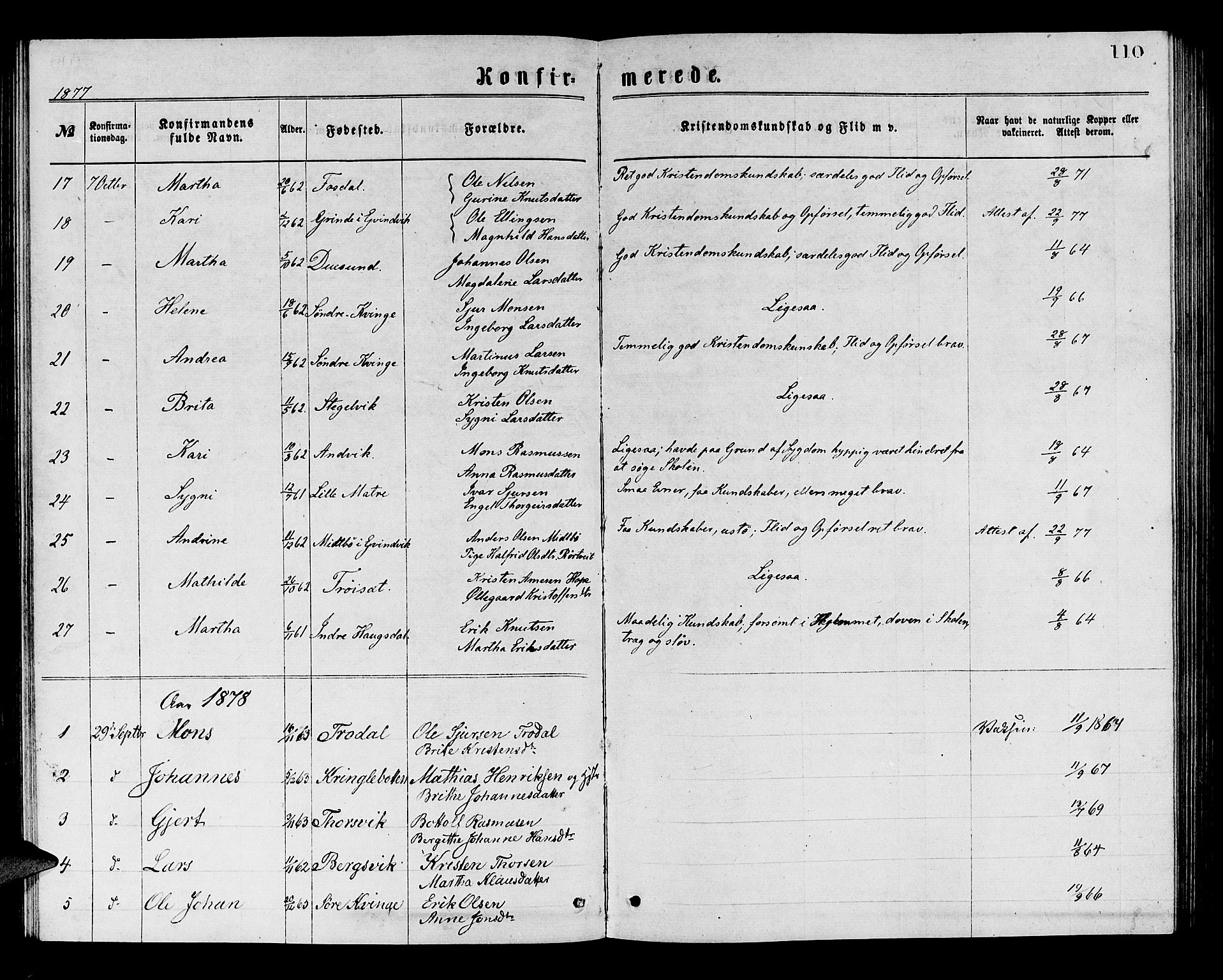 Masfjorden sokneprestembete, AV/SAB-A-77001: Klokkerbok nr. A 2, 1876-1891, s. 110