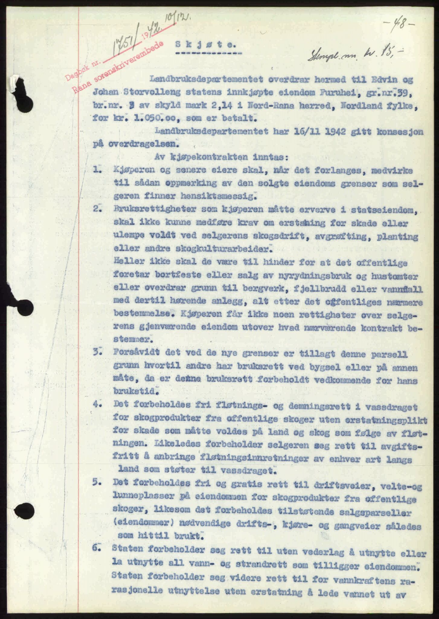Rana sorenskriveri , SAT/A-1108/1/2/2C: Pantebok nr. A 10, 1942-1943, Dagboknr: 1751/1942