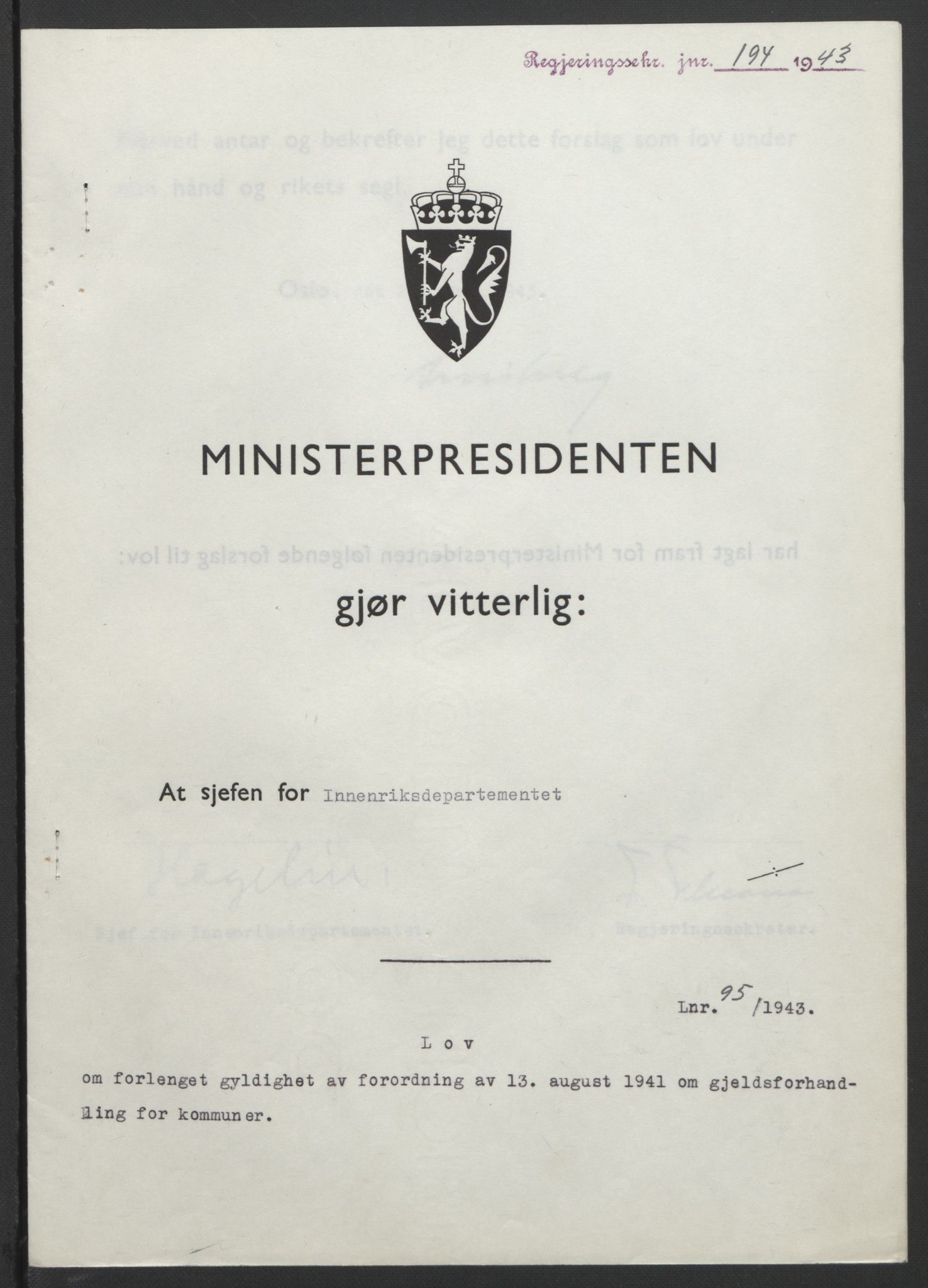 NS-administrasjonen 1940-1945 (Statsrådsekretariatet, de kommisariske statsråder mm), AV/RA-S-4279/D/Db/L0099: Lover, 1943, s. 432