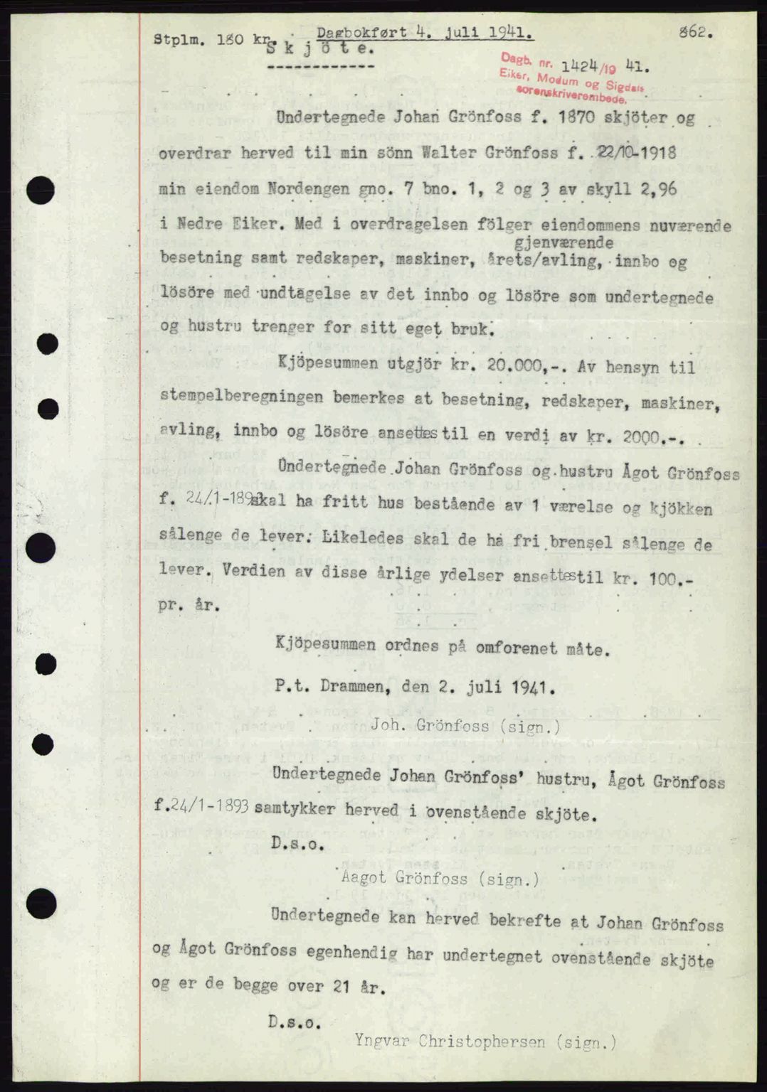 Eiker, Modum og Sigdal sorenskriveri, SAKO/A-123/G/Ga/Gab/L0043: Pantebok nr. A13, 1940-1941, Dagboknr: 1424/1941
