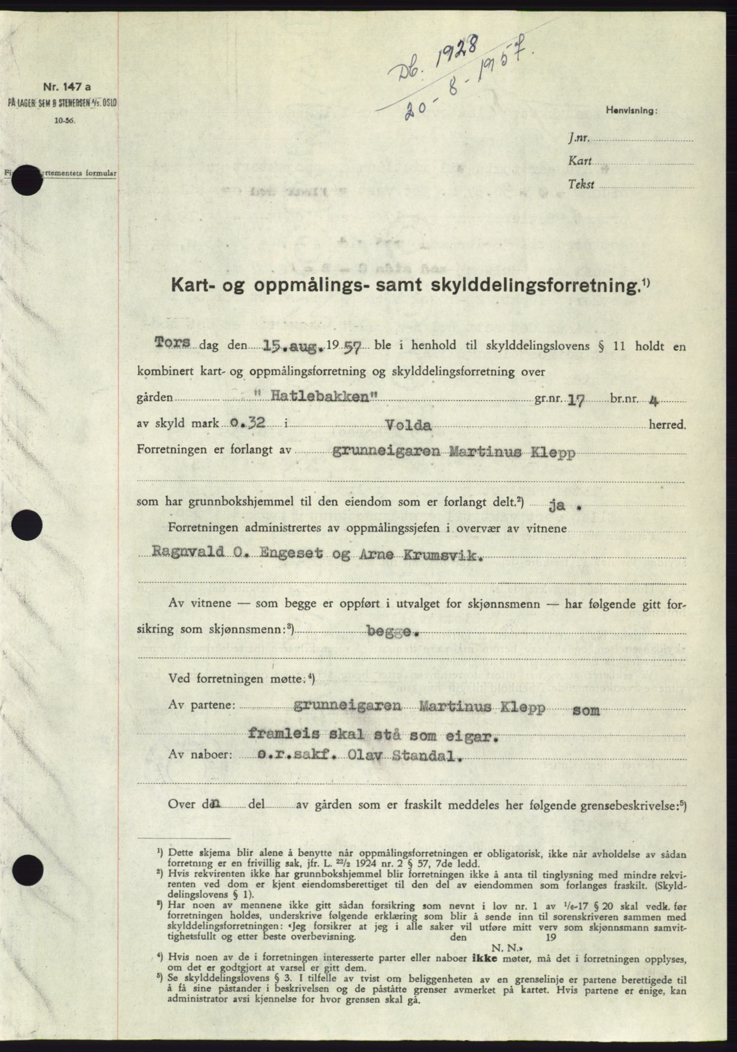 Søre Sunnmøre sorenskriveri, SAT/A-4122/1/2/2C/L0107: Pantebok nr. 33A, 1957-1957, Dagboknr: 1928/1957