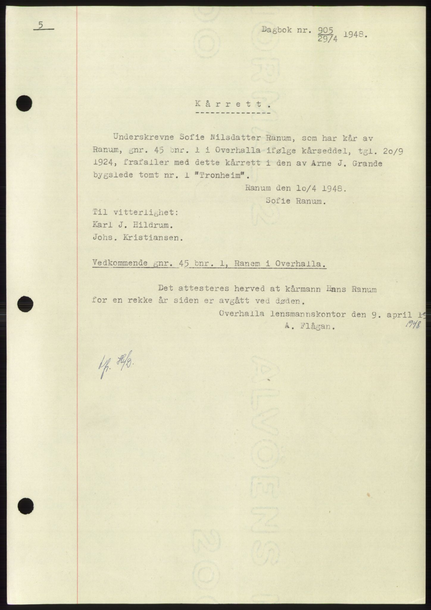 Namdal sorenskriveri, SAT/A-4133/1/2/2C: Pantebok nr. -, 1947-1948, Dagboknr: 905/1948