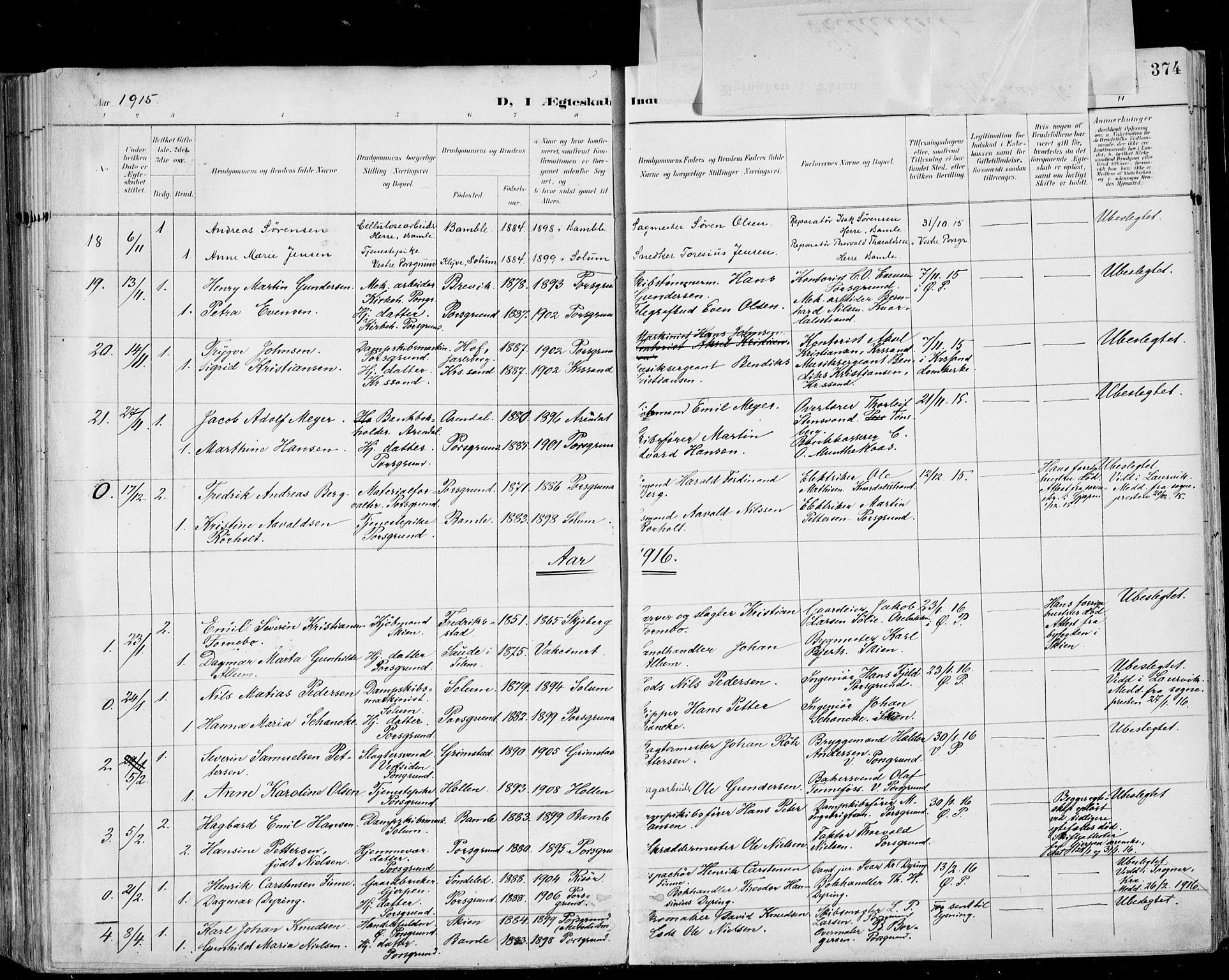 Porsgrunn kirkebøker , AV/SAKO-A-104/F/Fa/L0011: Ministerialbok nr. 11, 1895-1919, s. 374