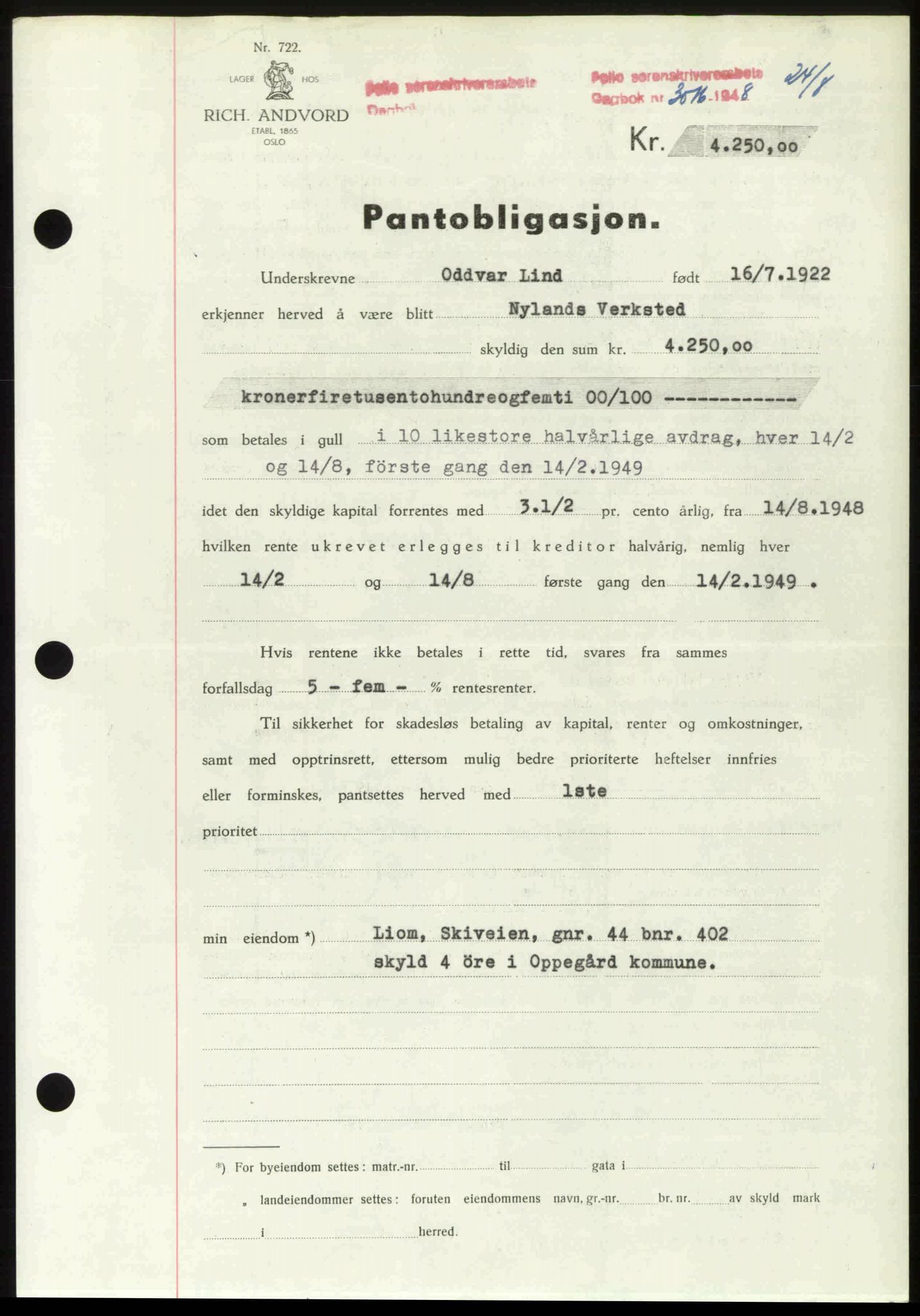 Follo sorenskriveri, SAO/A-10274/G/Ga/Gaa/L0085: Pantebok nr. I 85, 1948-1948, Dagboknr: 3016/1948