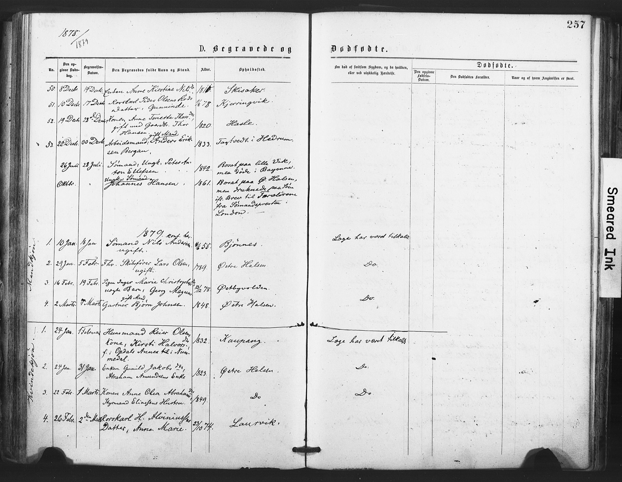 Tjølling kirkebøker, AV/SAKO-A-60/F/Fa/L0008: Ministerialbok nr. 8, 1877-1886, s. 257