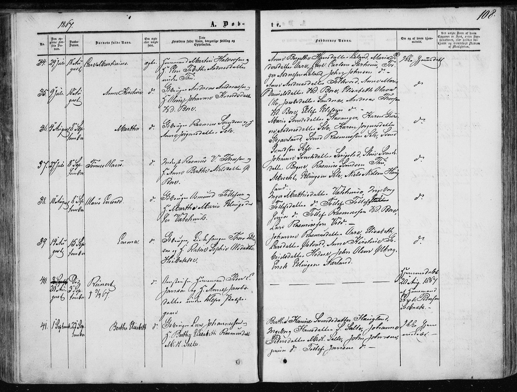 Klepp sokneprestkontor, AV/SAST-A-101803/001/3/30BA/L0005: Ministerialbok nr. A 5, 1853-1870, s. 108