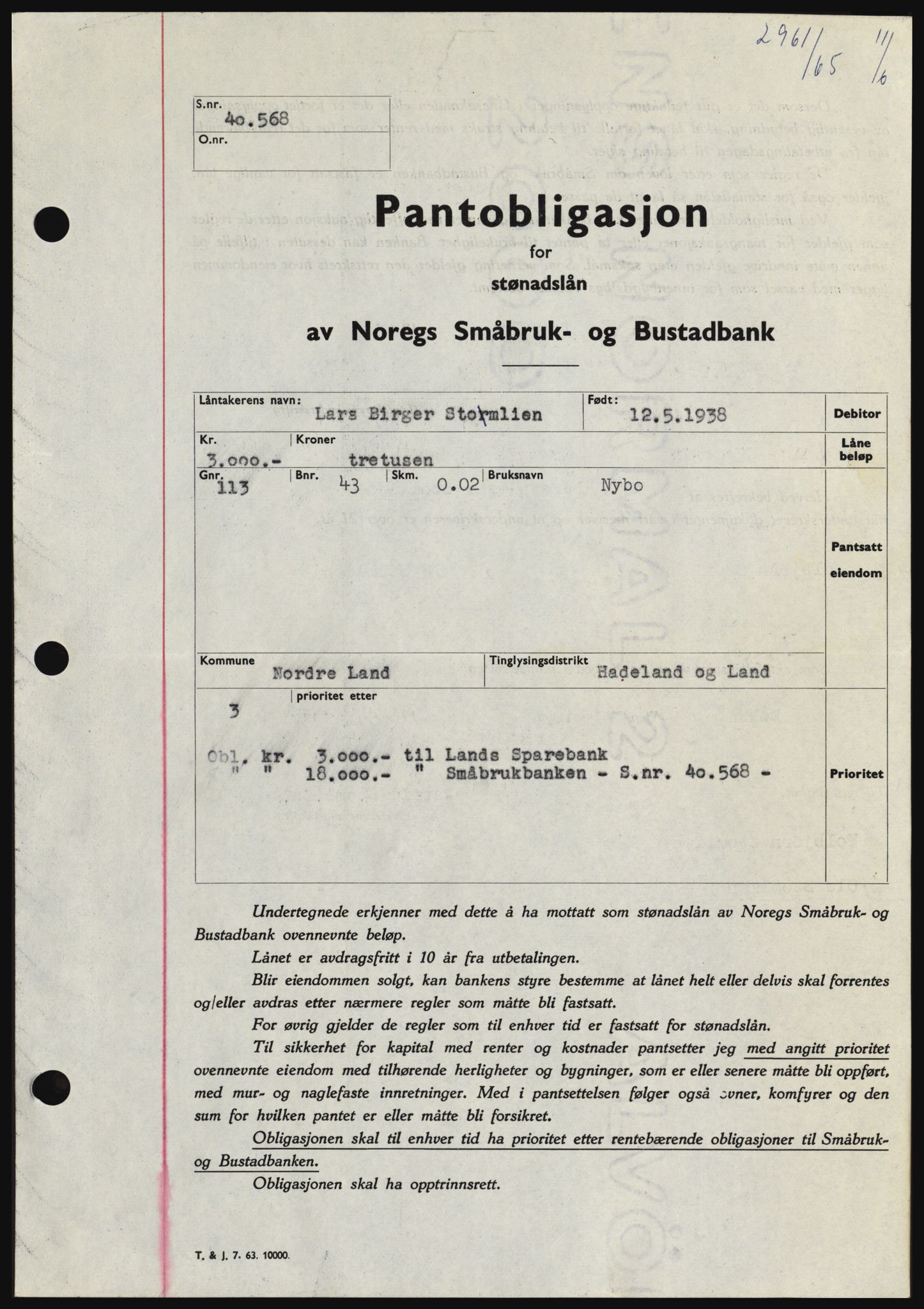 Hadeland og Land tingrett, SAH/TING-010/H/Hb/Hbc/L0059: Pantebok nr. B59, 1965-1965, Dagboknr: 2961/1965