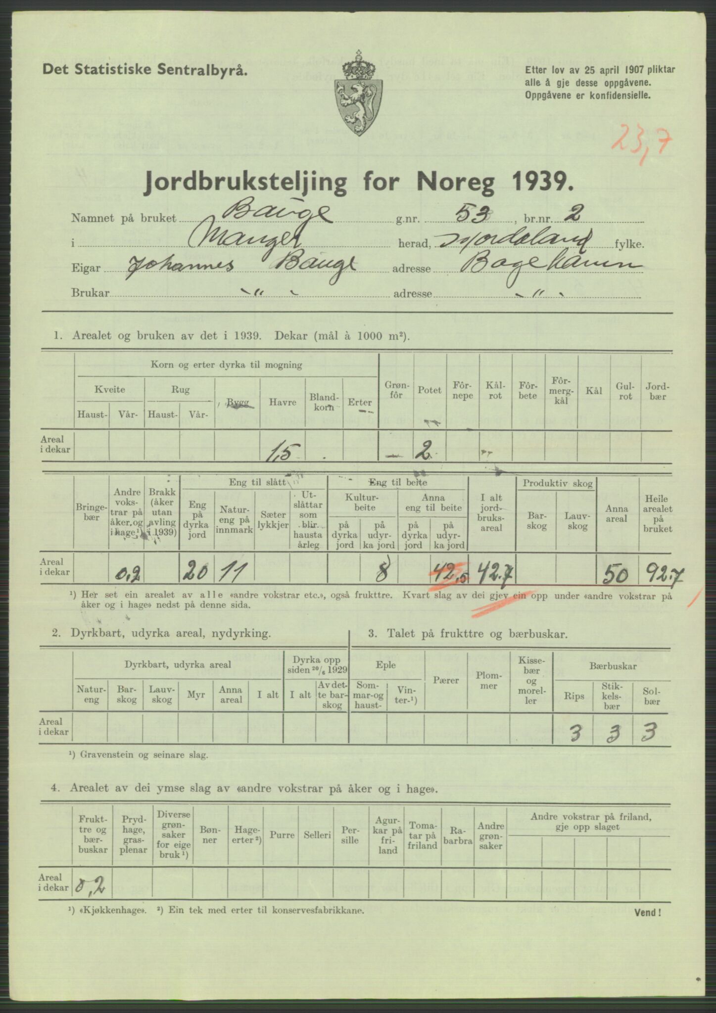 Statistisk sentralbyrå, Næringsøkonomiske emner, Jordbruk, skogbruk, jakt, fiske og fangst, AV/RA-S-2234/G/Gb/L0211: Hordaland: Herdla, Hjelme og Manger, 1939, s. 1741