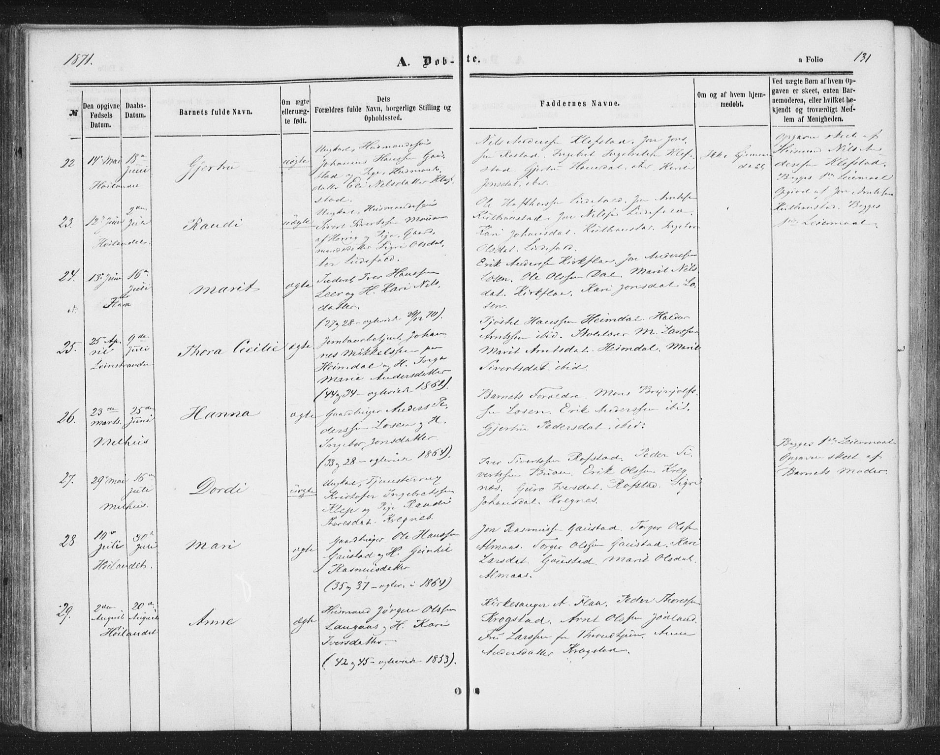 Ministerialprotokoller, klokkerbøker og fødselsregistre - Sør-Trøndelag, SAT/A-1456/691/L1077: Ministerialbok nr. 691A09, 1862-1873, s. 131