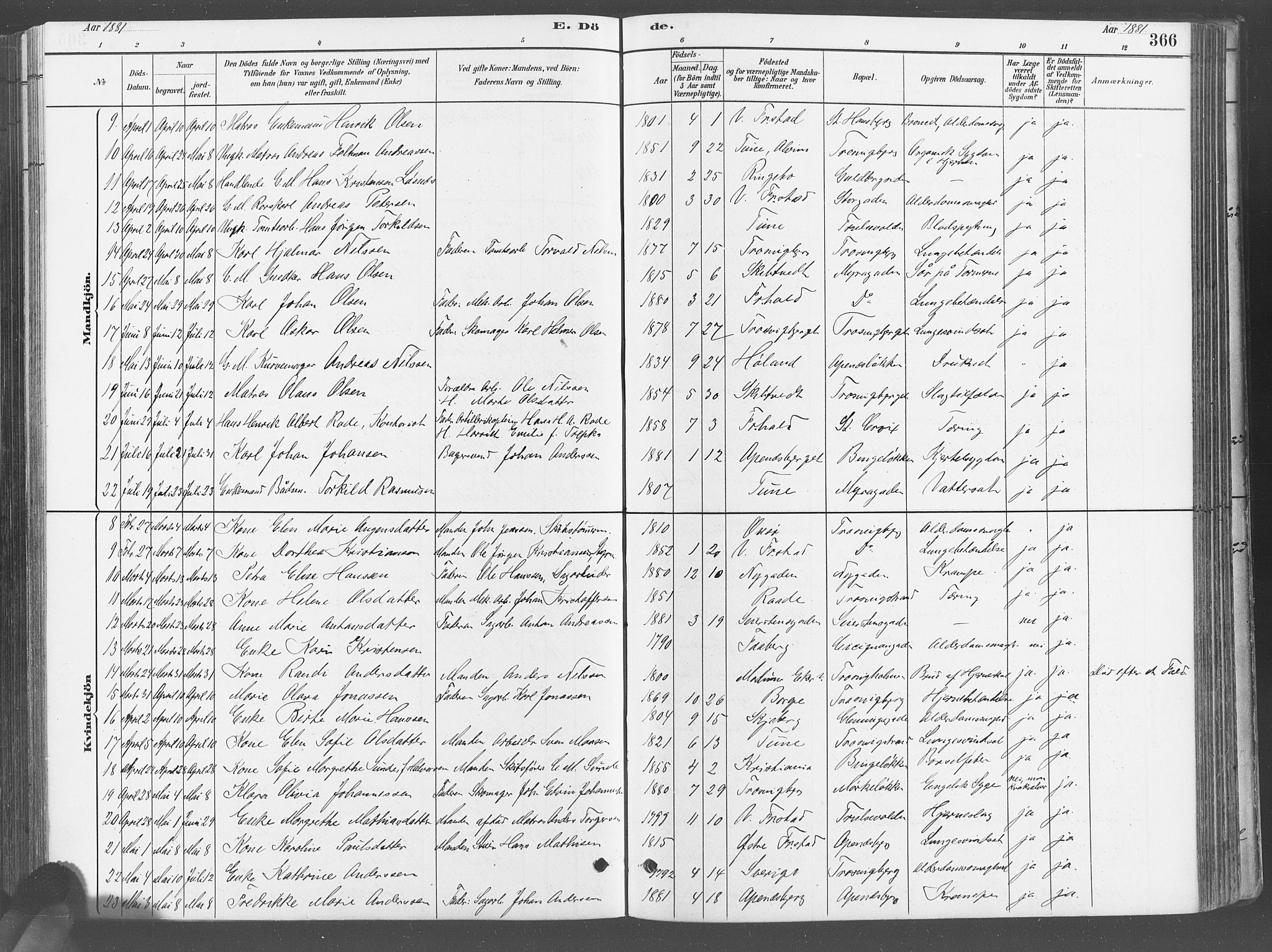 Fredrikstad domkirkes prestekontor Kirkebøker, AV/SAO-A-10906/G/Ga/L0003: Klokkerbok nr. 3, 1880-1900, s. 366