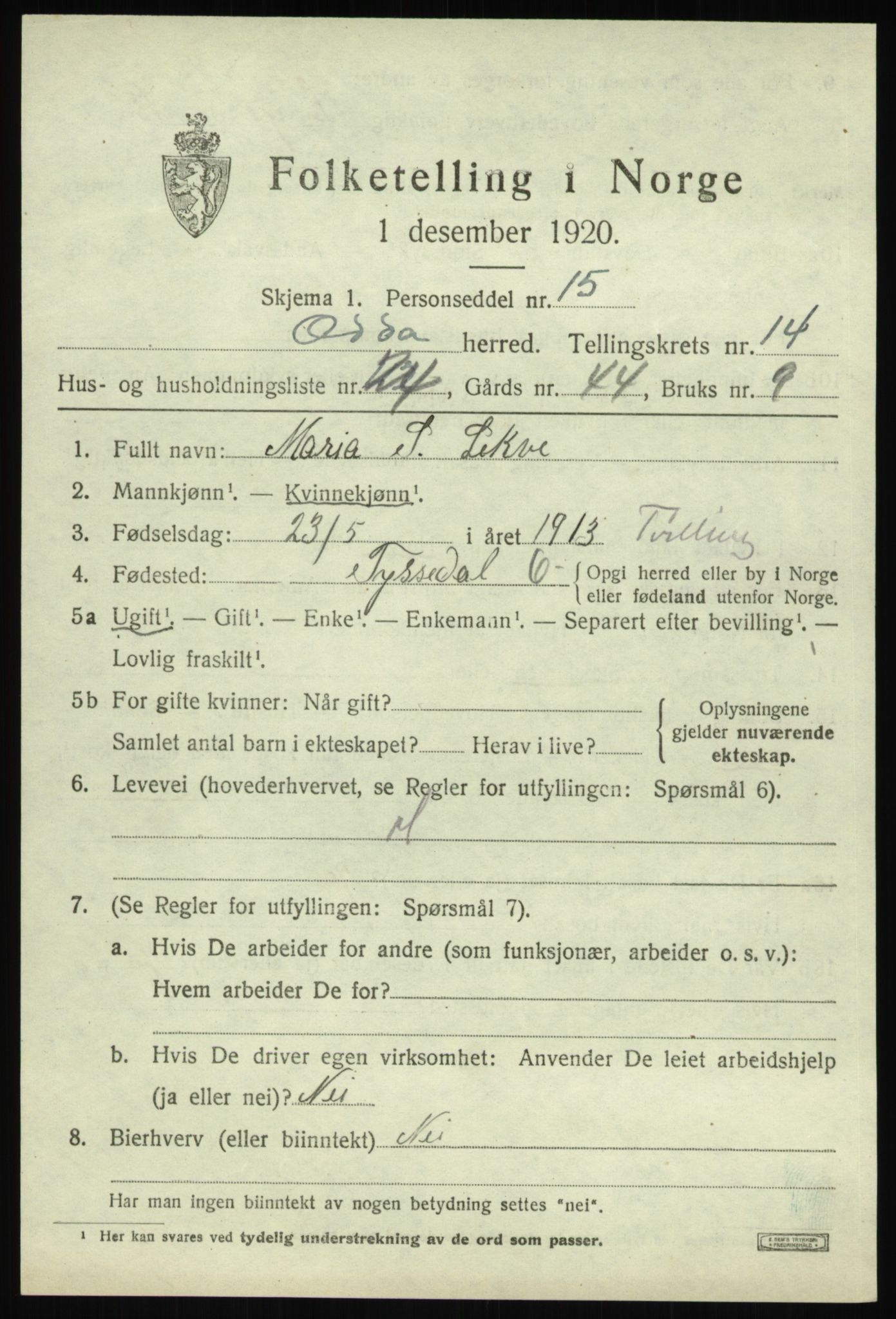 SAB, Folketelling 1920 for 1228 Odda herred, 1920, s. 12333