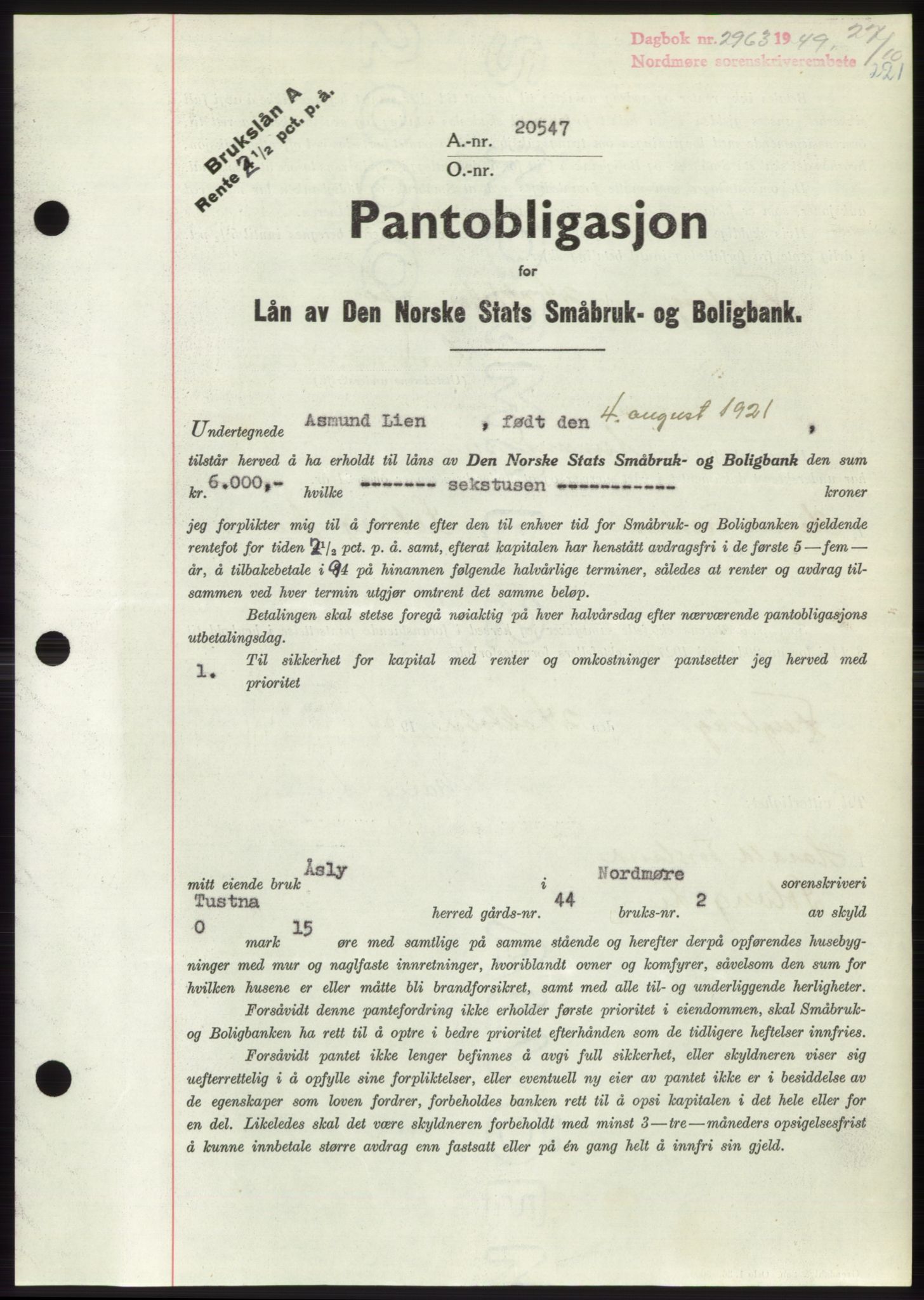 Nordmøre sorenskriveri, AV/SAT-A-4132/1/2/2Ca: Pantebok nr. B102, 1949-1949, Dagboknr: 2963/1949