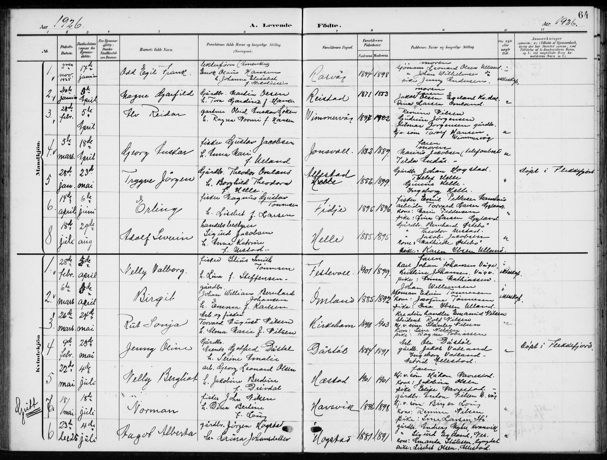 Flekkefjord sokneprestkontor, AV/SAK-1111-0012/F/Fb/Fbb/L0005: Klokkerbok nr. B 5, 1908-1927, s. 64