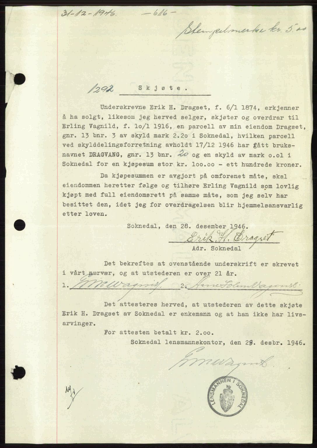 Gauldal sorenskriveri, SAT/A-0014/1/2/2C: Pantebok nr. A2, 1946-1946, Dagboknr: 1292/1946
