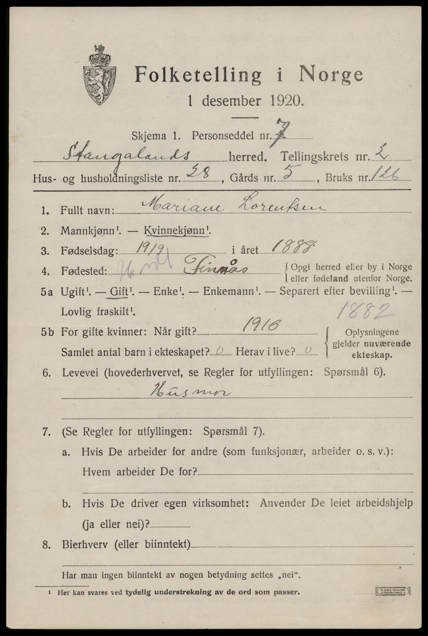 SAST, Folketelling 1920 for 1148 Stangaland herred, 1920, s. 1581