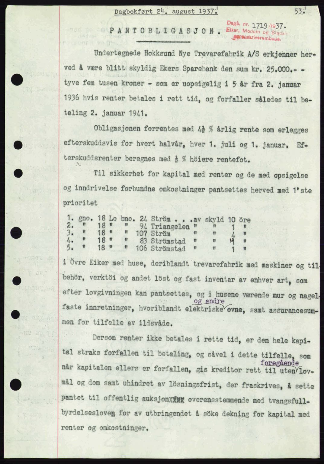 Eiker, Modum og Sigdal sorenskriveri, SAKO/A-123/G/Ga/Gab/L0036: Pantebok nr. A6, 1937-1937, Dagboknr: 1719/1937