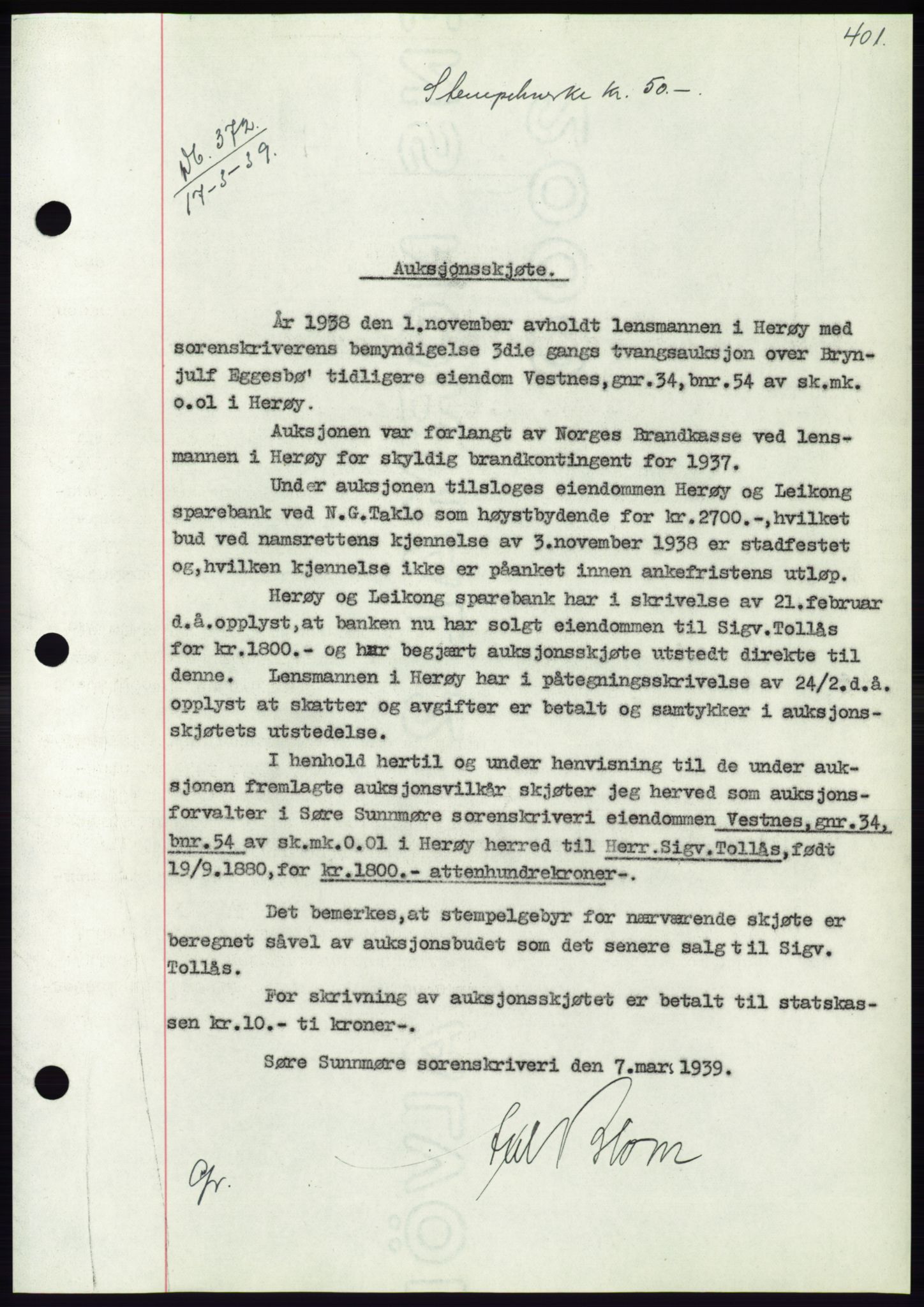 Søre Sunnmøre sorenskriveri, AV/SAT-A-4122/1/2/2C/L0067: Pantebok nr. 61, 1938-1939, Dagboknr: 372/1939