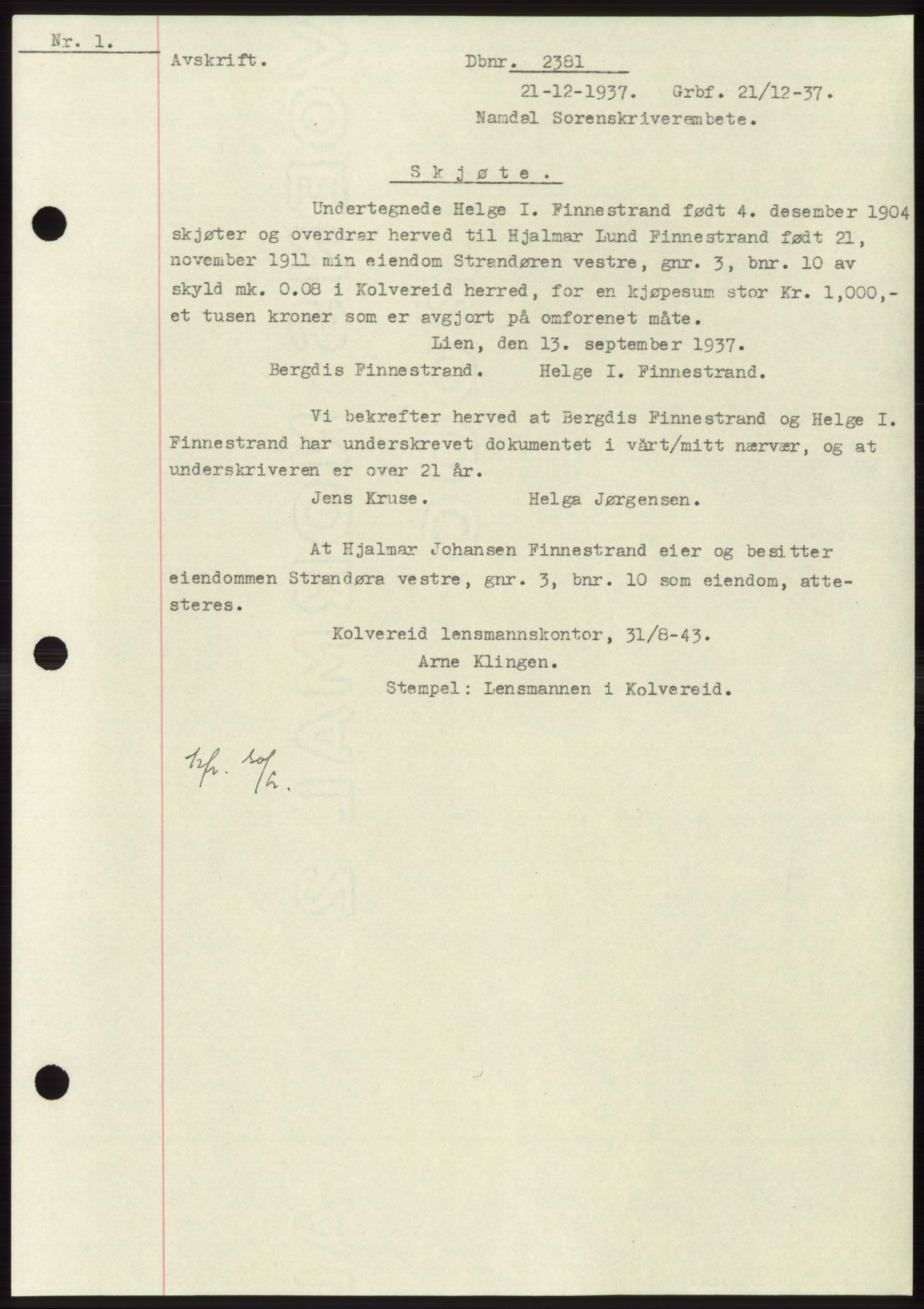 Namdal sorenskriveri, SAT/A-4133/1/2/2C: Pantebok nr. -, 1937-1939, Tingl.dato: 21.12.1937
