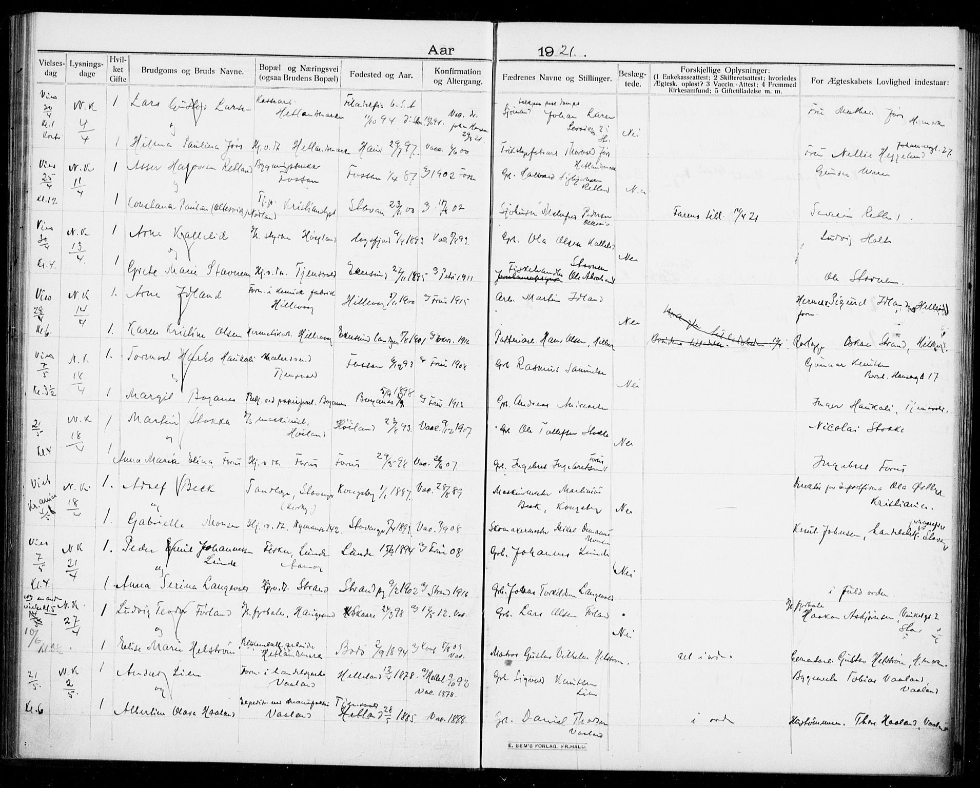 Hetland sokneprestkontor, AV/SAST-A-101826/70/705BA/L0005: Lysningsprotokoll nr. 705.BA.5, 1911-1935