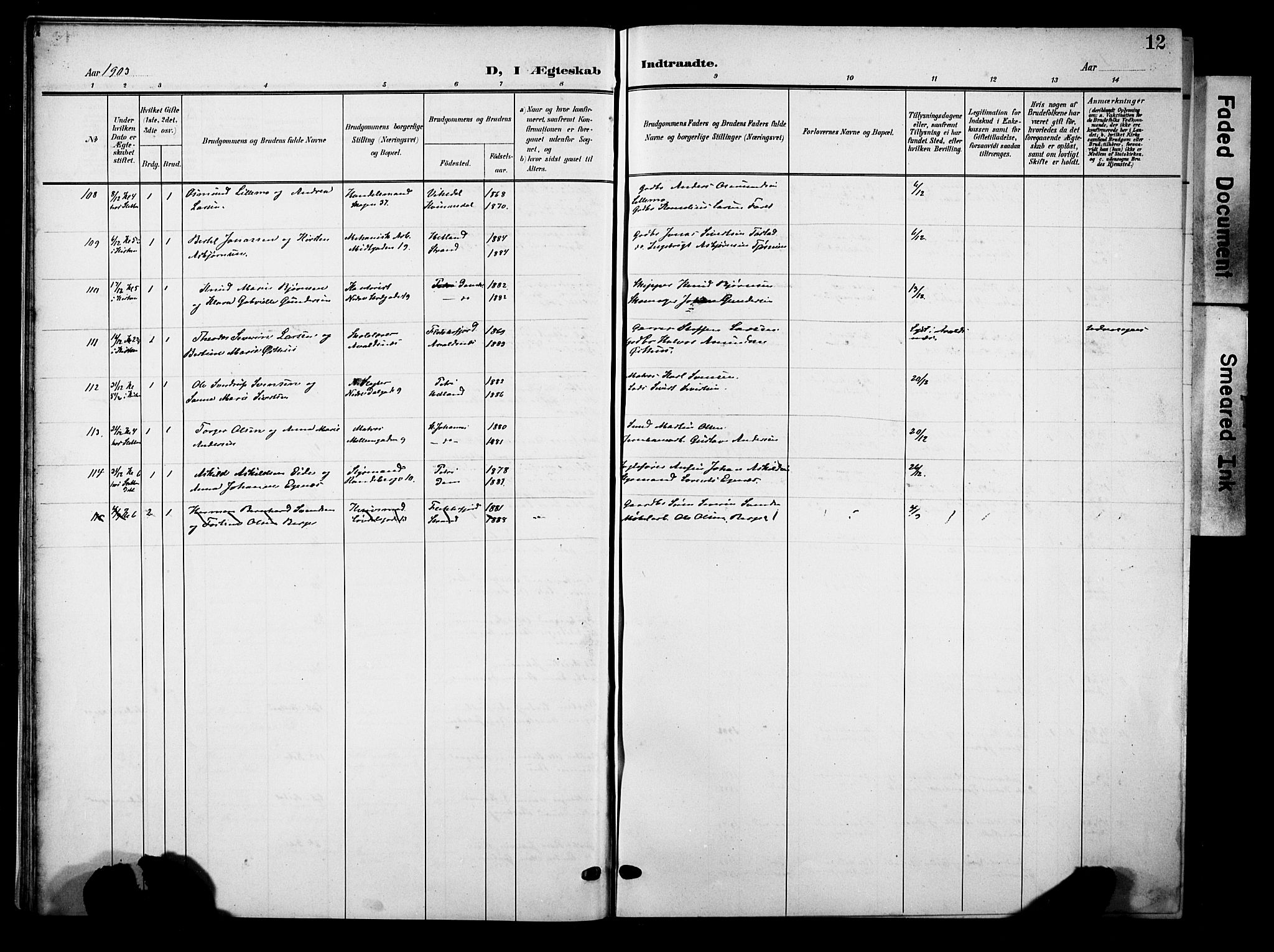 Domkirken sokneprestkontor, AV/SAST-A-101812/001/30/30BB/L0017: Klokkerbok nr. B 17, 1902-1921, s. 12