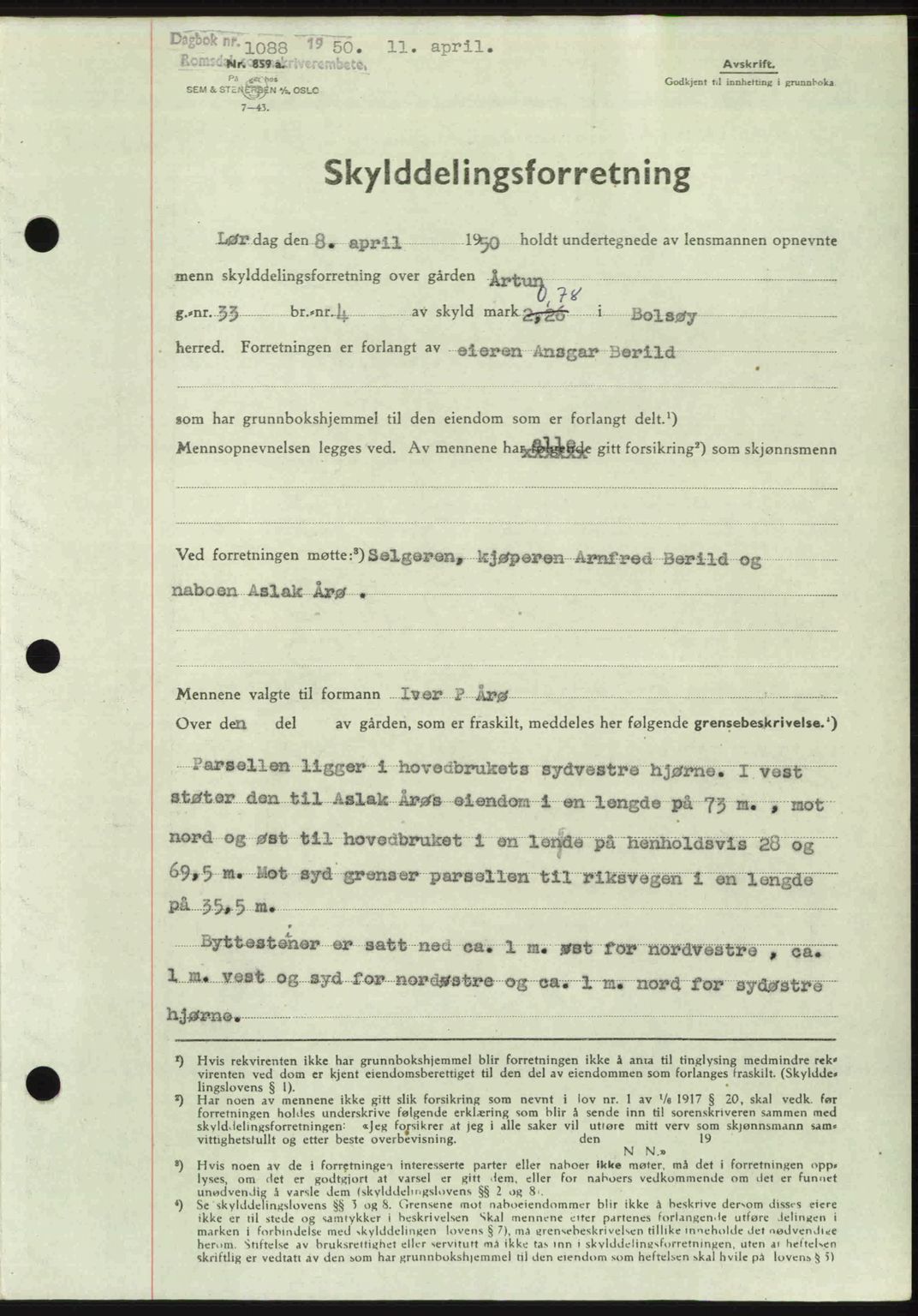Romsdal sorenskriveri, SAT/A-4149/1/2/2C: Pantebok nr. A33, 1950-1950, Dagboknr: 1088/1950