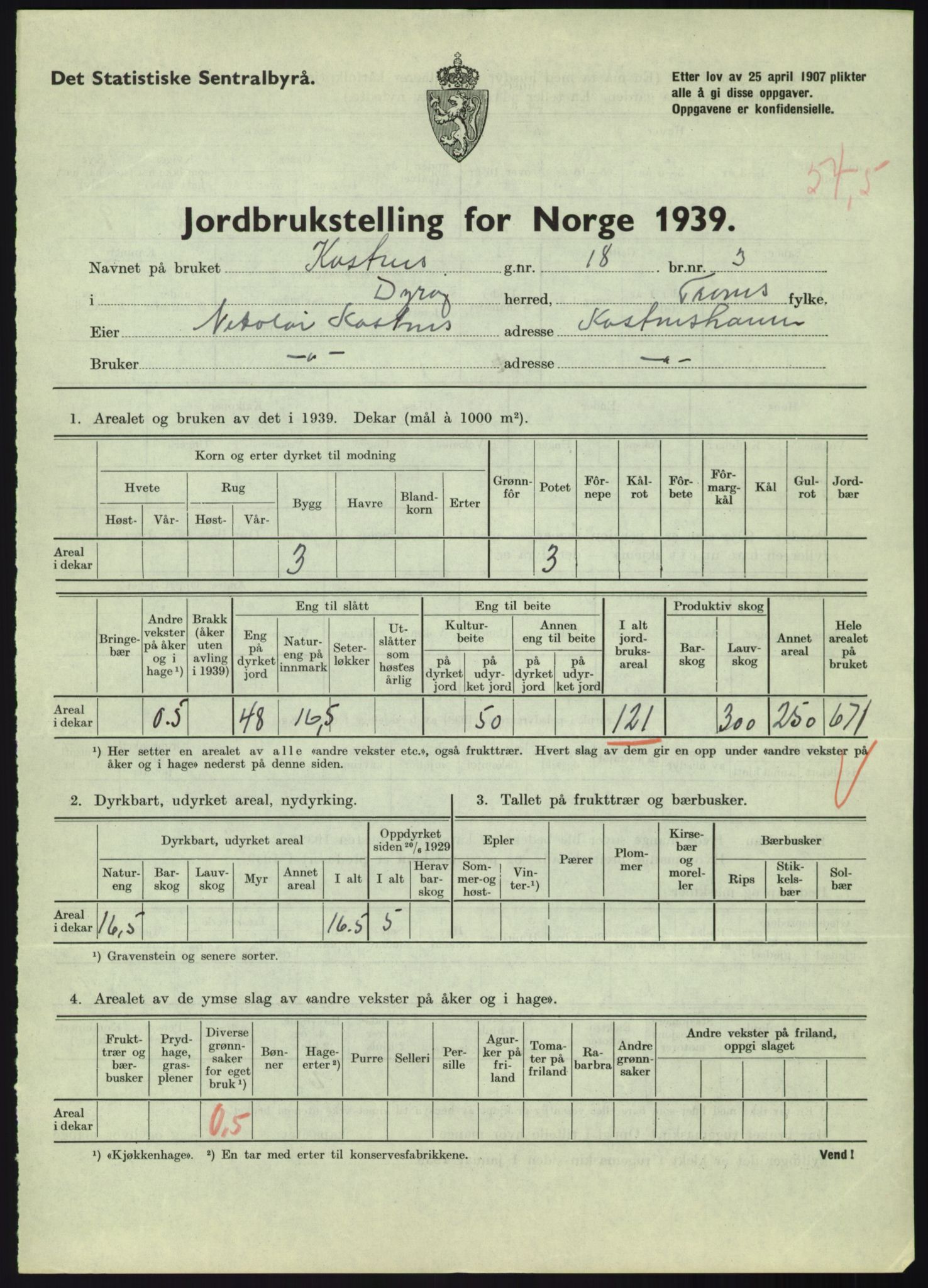 Statistisk sentralbyrå, Næringsøkonomiske emner, Jordbruk, skogbruk, jakt, fiske og fangst, AV/RA-S-2234/G/Gb/L0340: Troms: Salangen og Dyrøy, 1939, s. 1552