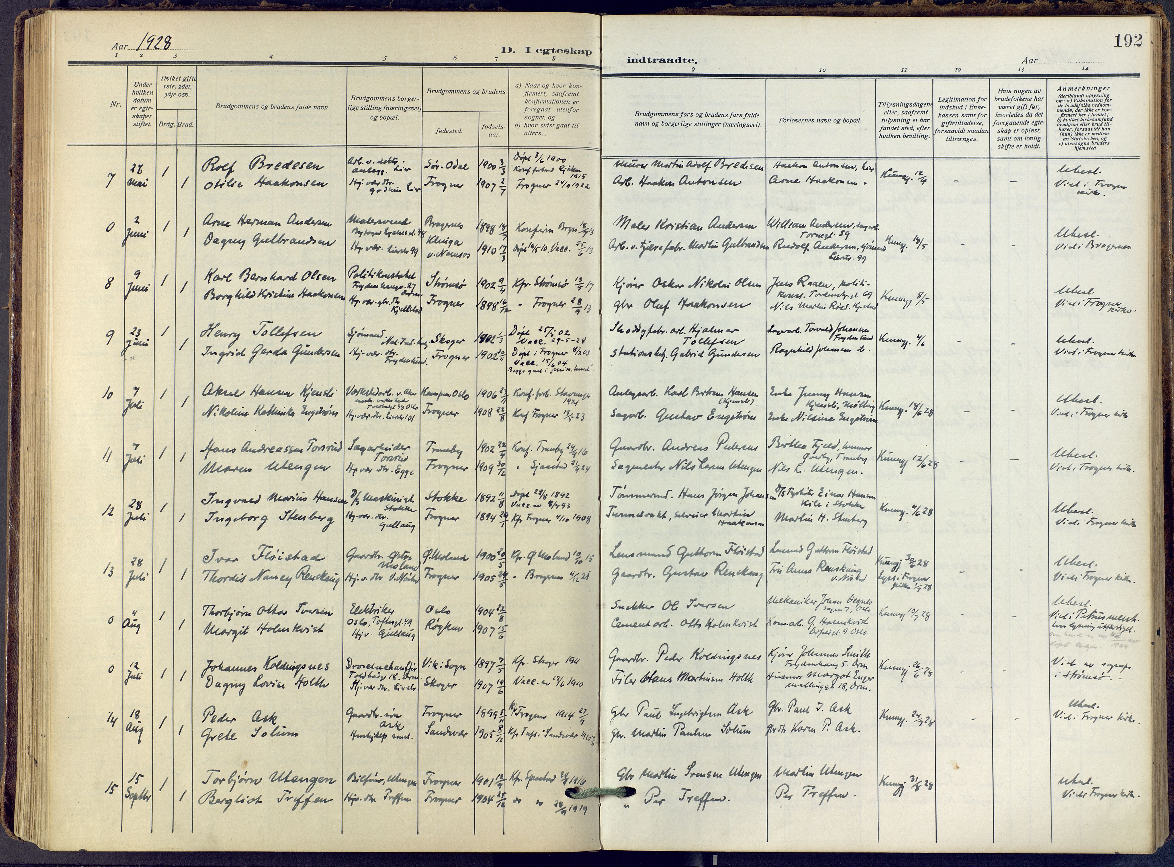 Lier kirkebøker, AV/SAKO-A-230/F/Fa/L0019: Ministerialbok nr. I 19, 1918-1928, s. 192
