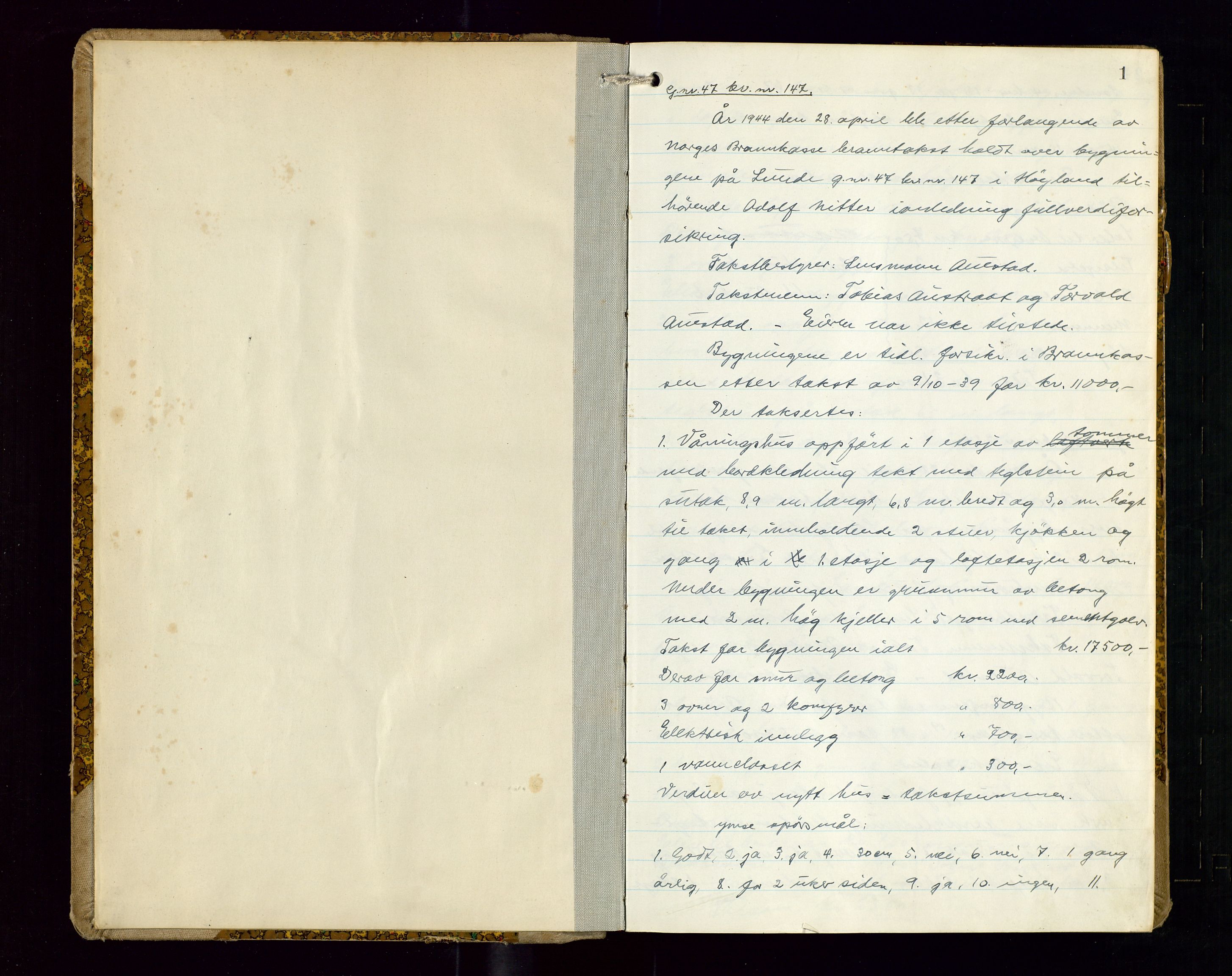 Høyland/Sandnes lensmannskontor, AV/SAST-A-100166/Goa/L0009: "Branntakstprotokoll", 1944-1946, s. 1