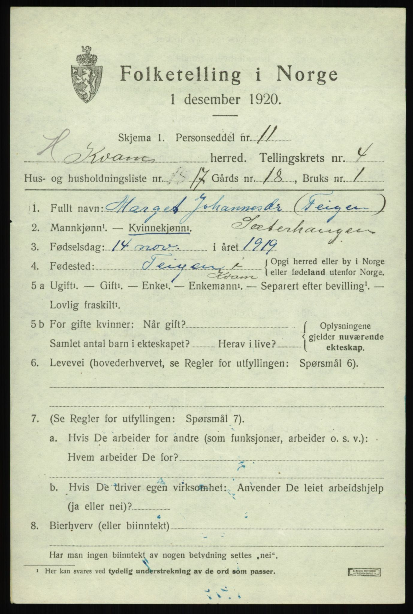 SAB, Folketelling 1920 for 1238 Kvam herred, 1920, s. 3455