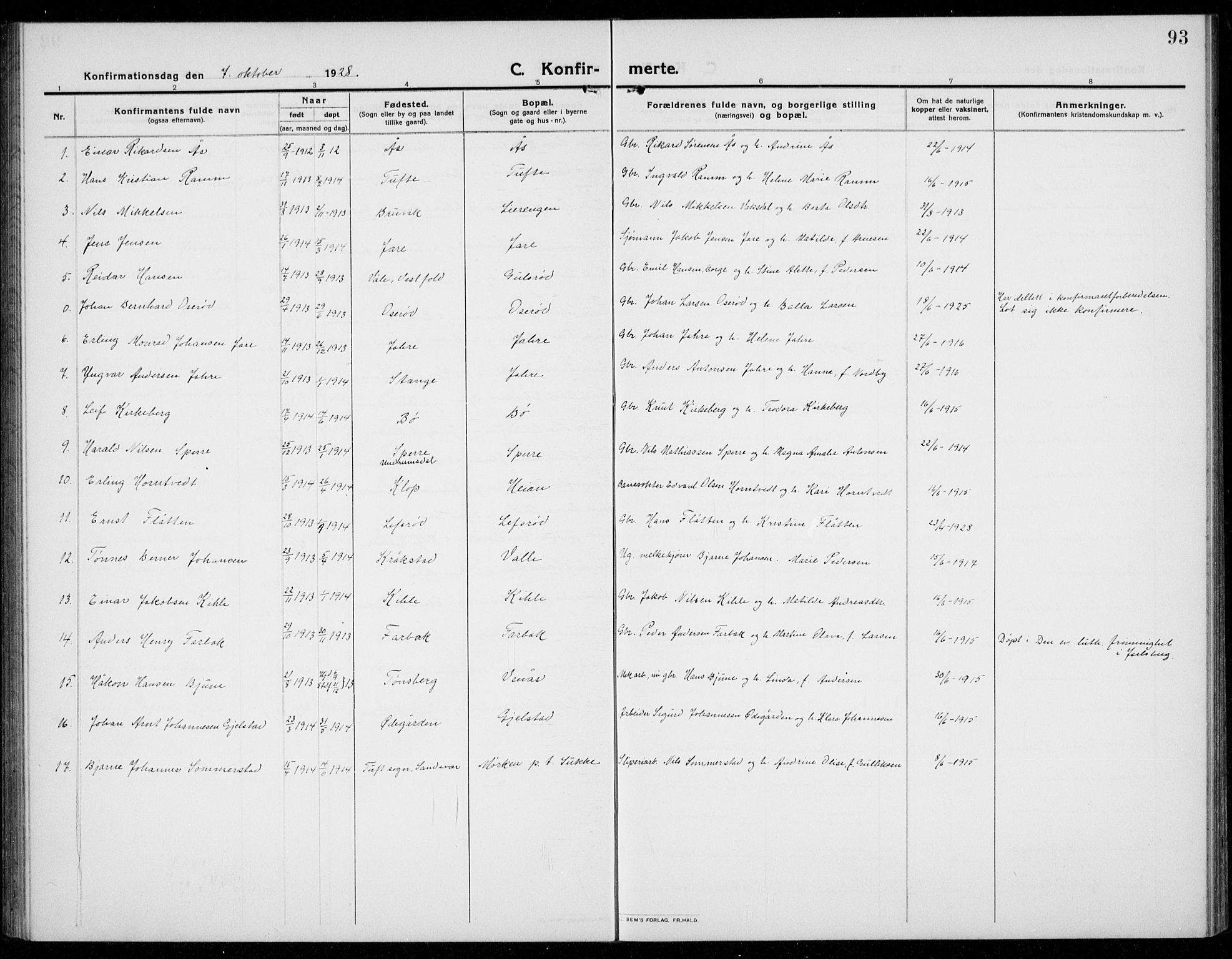 Ramnes kirkebøker, AV/SAKO-A-314/G/Ga/L0005: Klokkerbok nr. I 5, 1912-1936, s. 93