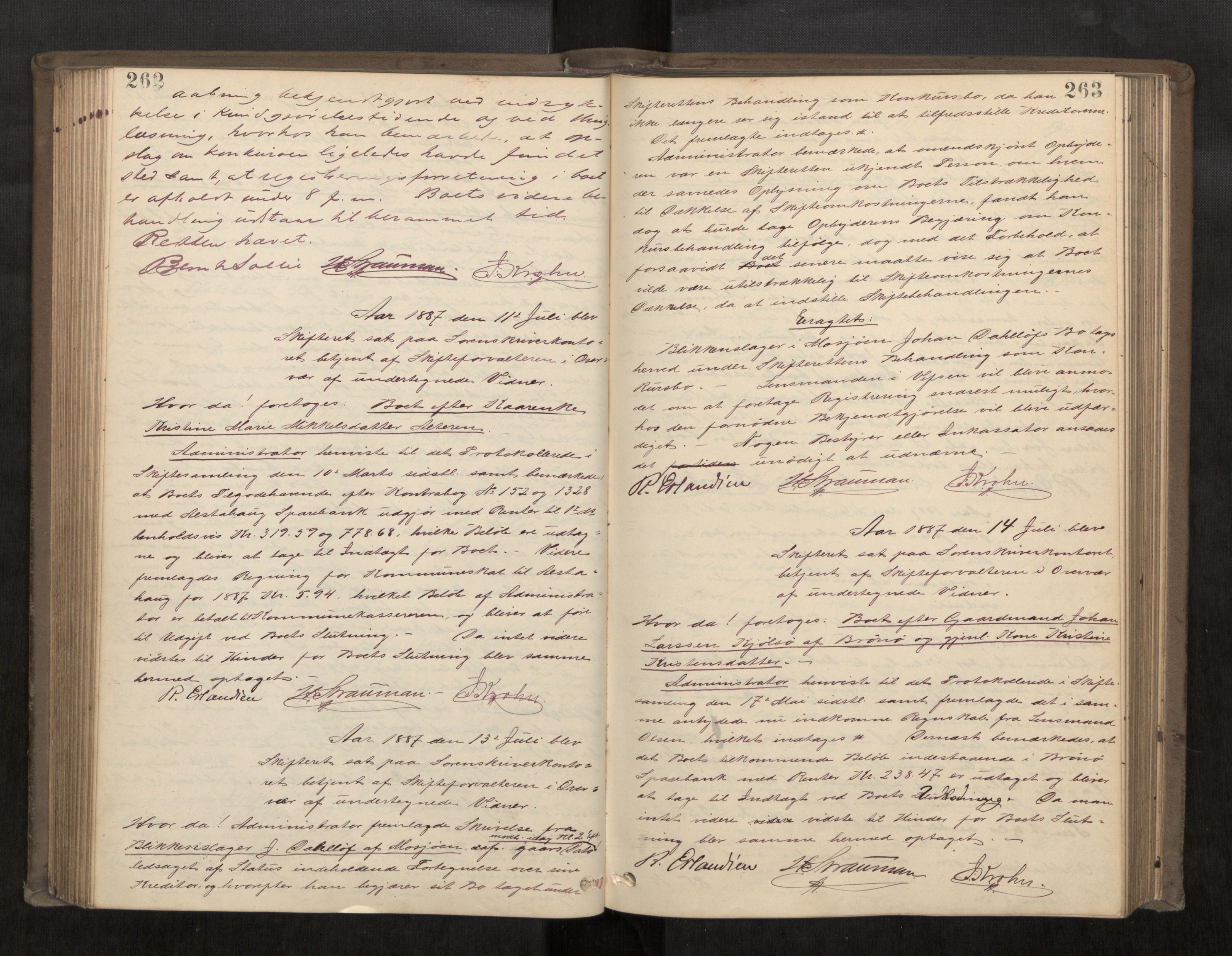 Søndre Helgeland sorenskriveri, AV/SAT-A-4575/1/3/3B/L0003: Skiftebehandlingsprotokoll, 1885-1889, s. 262-263