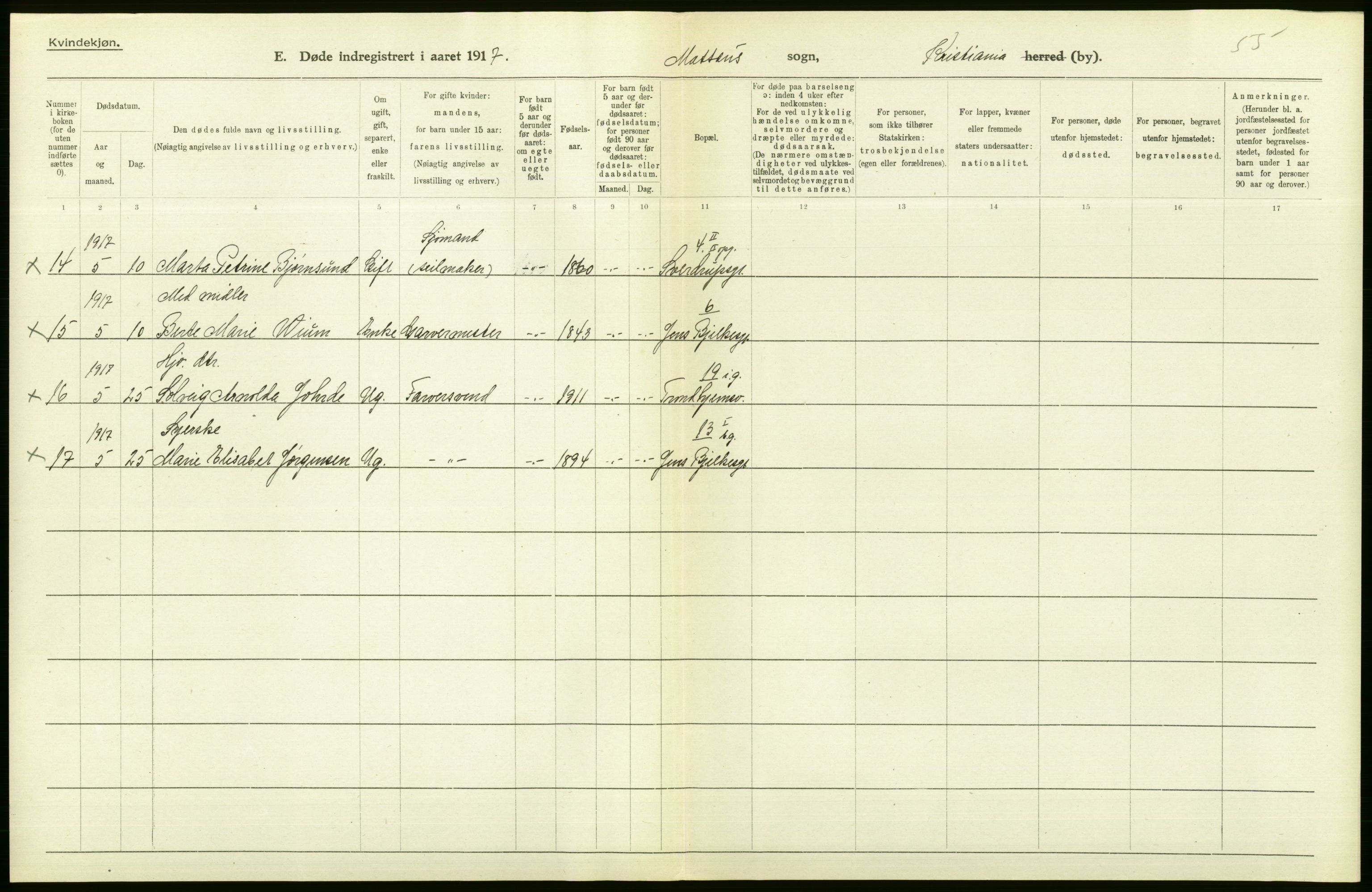 Statistisk sentralbyrå, Sosiodemografiske emner, Befolkning, AV/RA-S-2228/D/Df/Dfb/Dfbg/L0010: Kristiania: Døde, 1917, s. 172