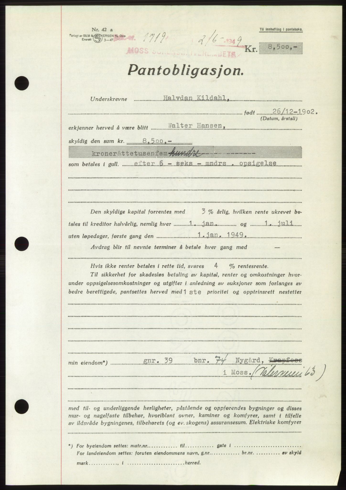 Moss sorenskriveri, SAO/A-10168: Pantebok nr. B22, 1949-1949, Dagboknr: 1719/1949