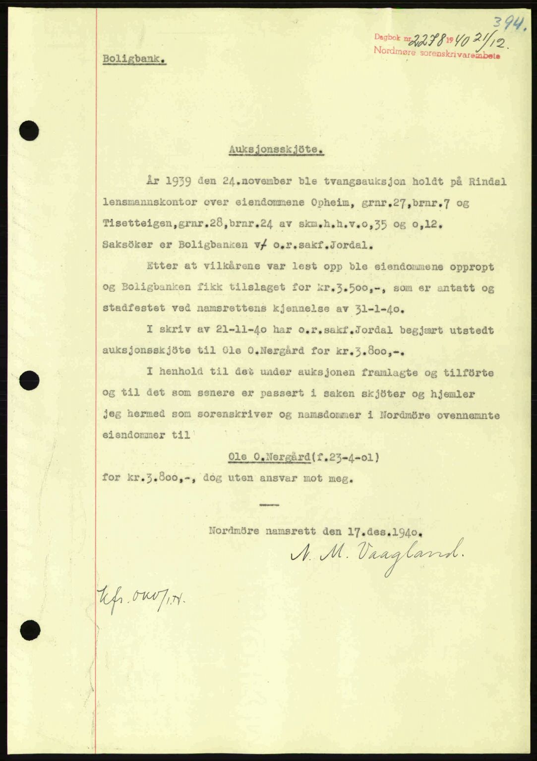 Nordmøre sorenskriveri, SAT/A-4132/1/2/2Ca: Pantebok nr. A89, 1940-1941, Dagboknr: 2278/1940