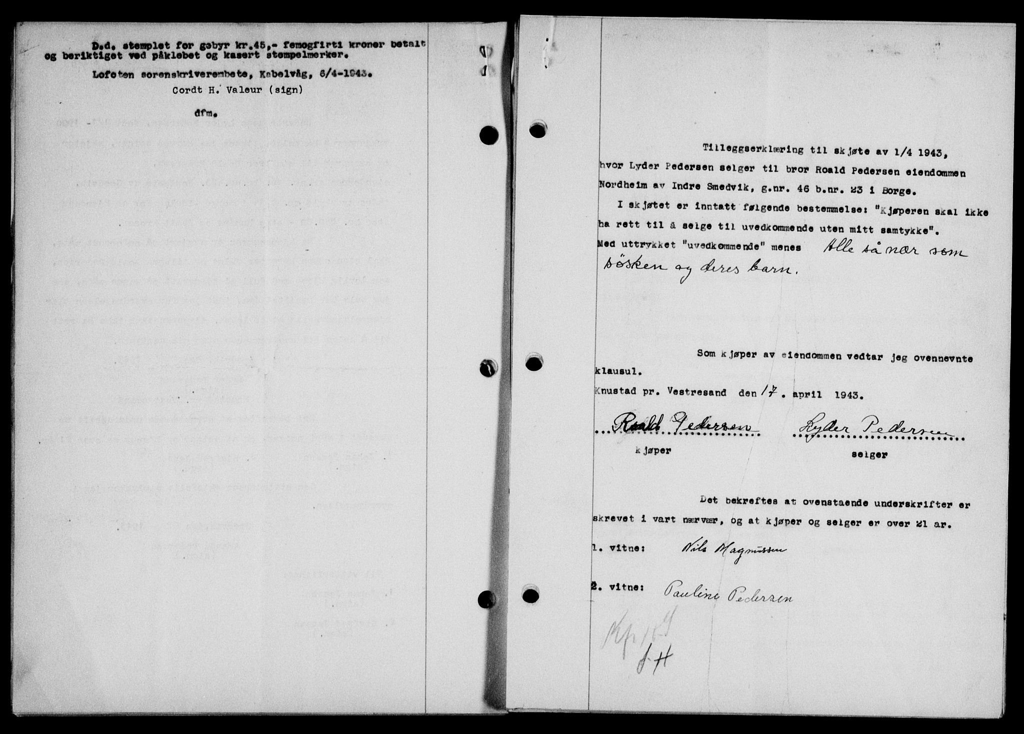 Lofoten sorenskriveri, SAT/A-0017/1/2/2C/L0011a: Pantebok nr. 11a, 1943-1943, Dagboknr: 453/1943
