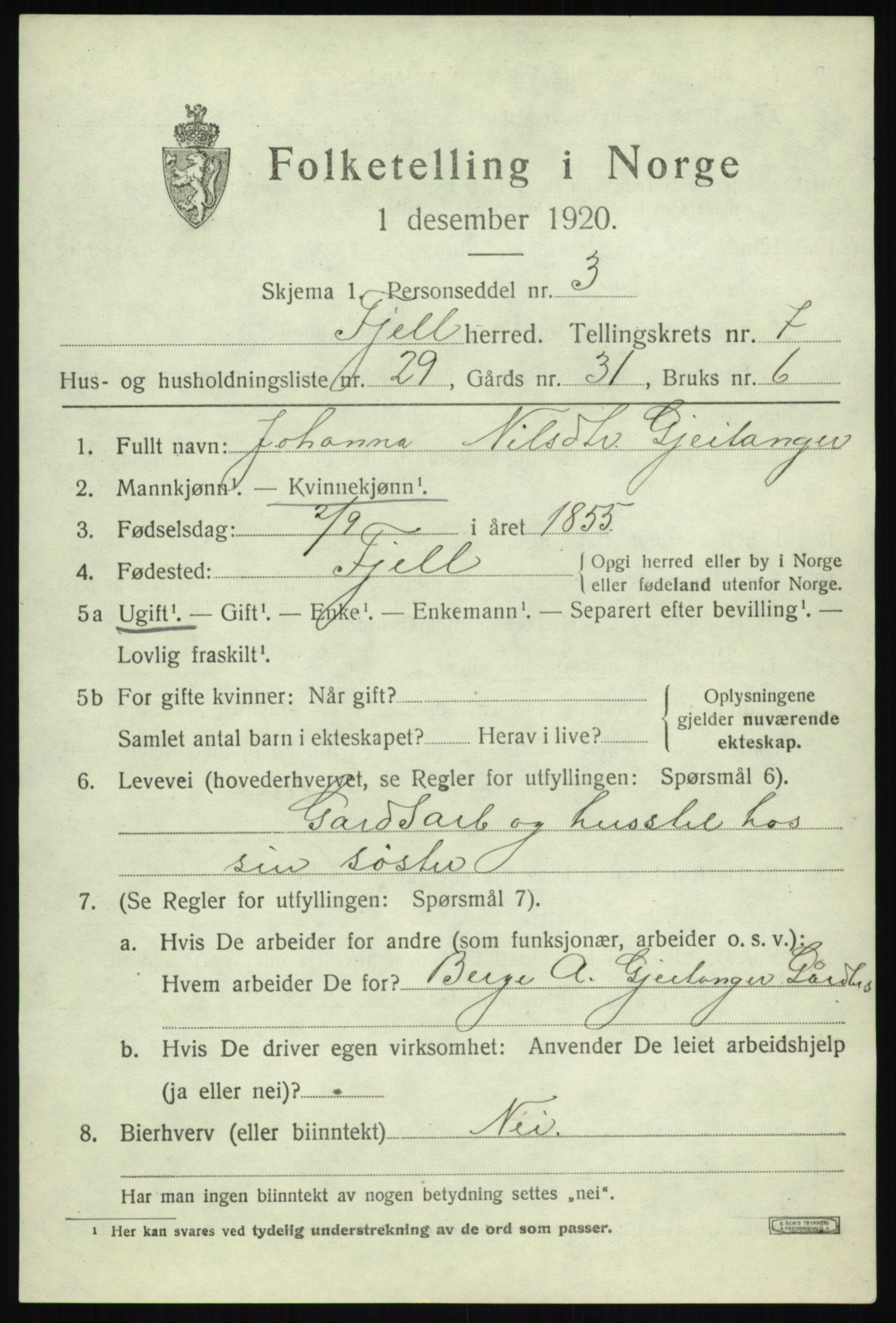 SAB, Folketelling 1920 for 1246 Fjell herred, 1920, s. 6778