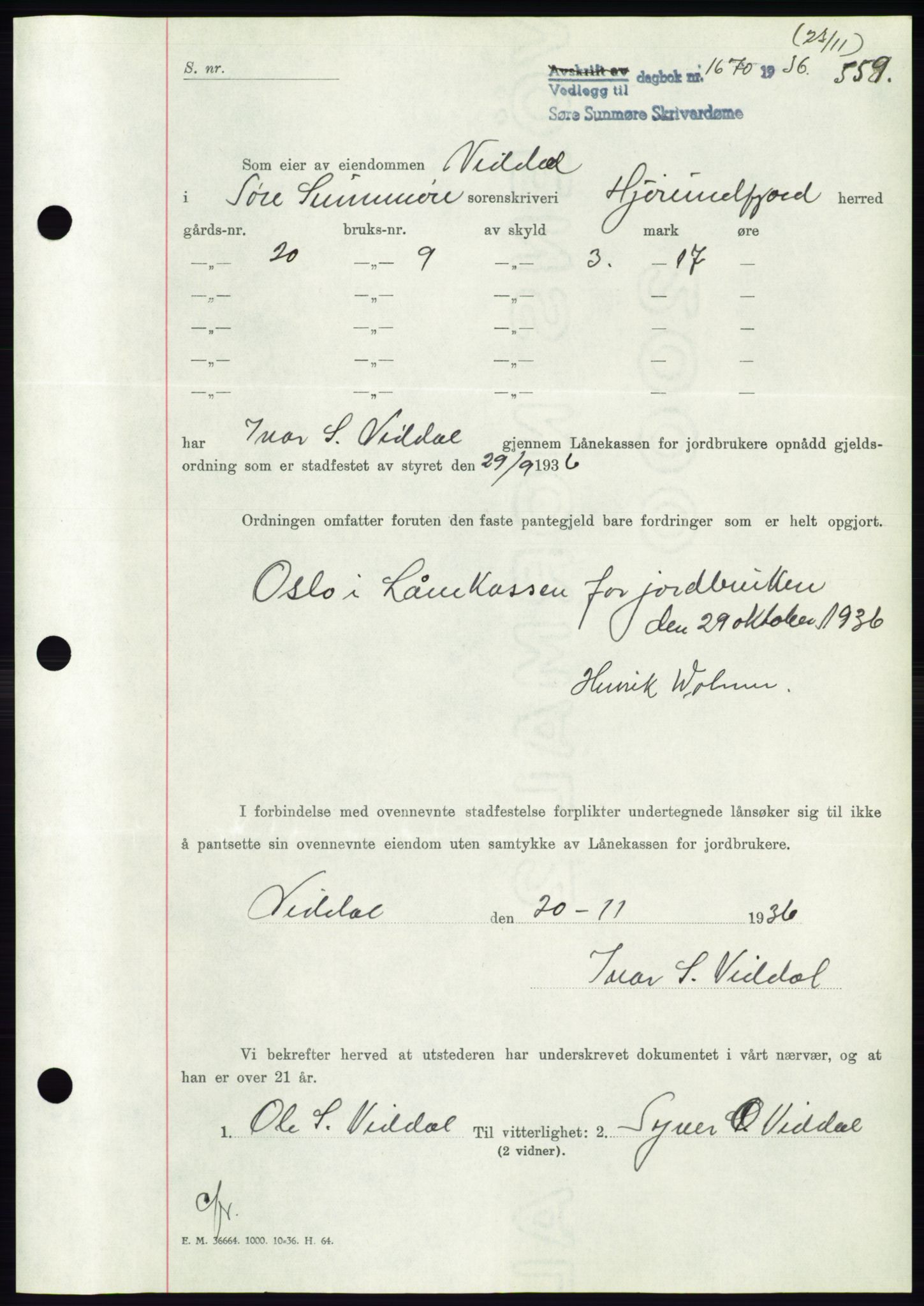 Søre Sunnmøre sorenskriveri, AV/SAT-A-4122/1/2/2C/L0061: Pantebok nr. 55, 1936-1936, Dagboknr: 1670/1936