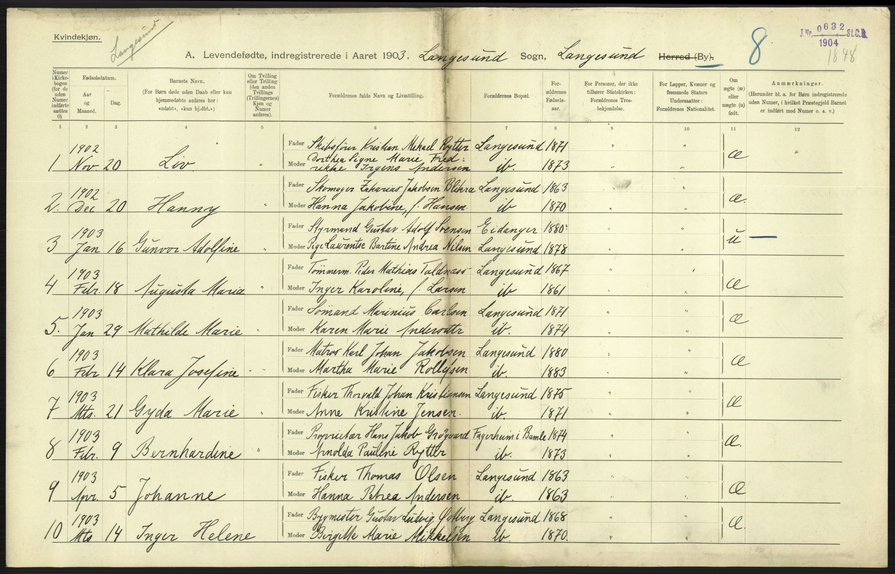 Statistisk sentralbyrå, Sosiodemografiske emner, Befolkning, AV/RA-S-2228/D/Df/Dfa/Dfaa/L0009: Bratsberg amt: Fødte, gifte, døde, 1903, s. 275