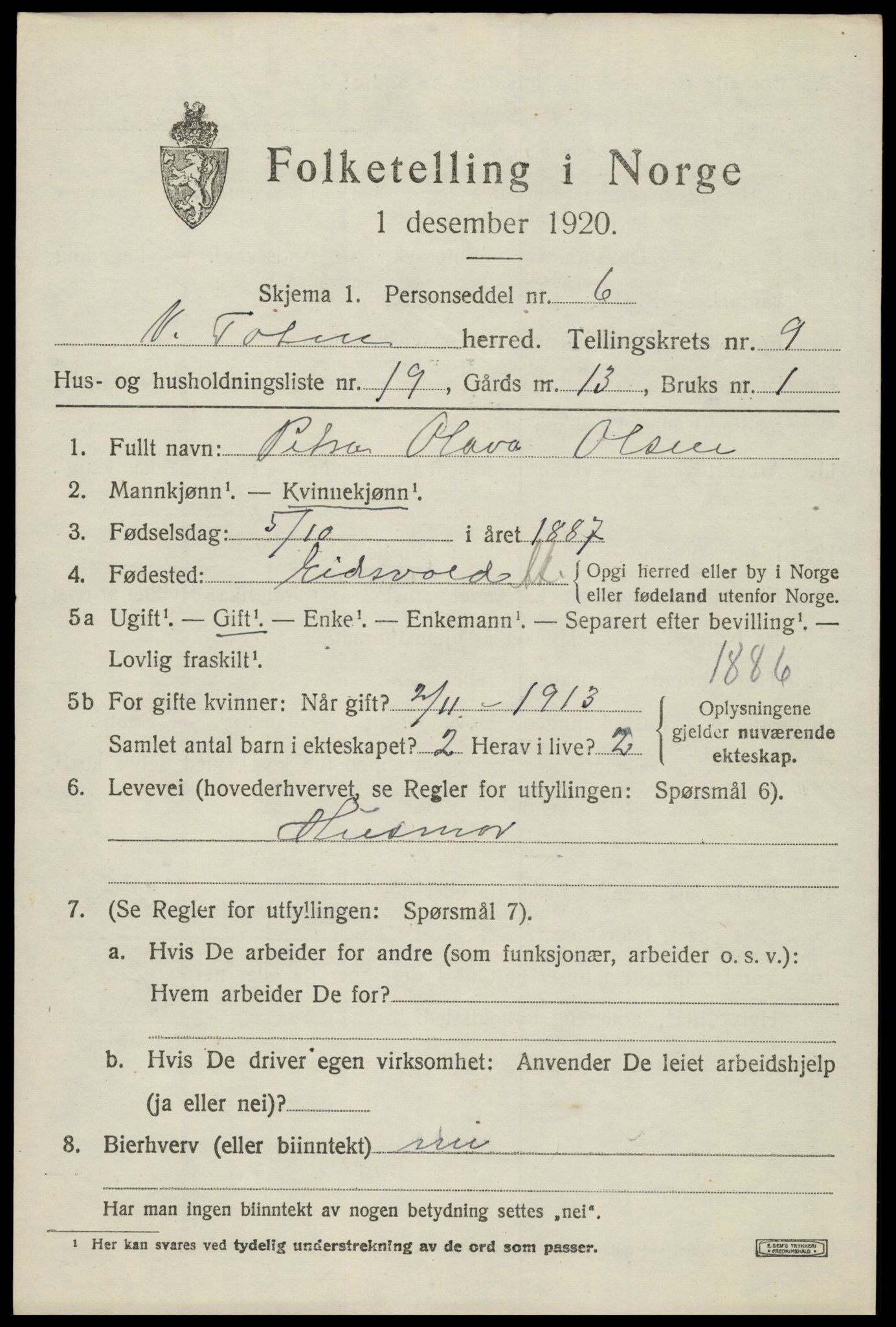 SAH, Folketelling 1920 for 0529 Vestre Toten herred, 1920, s. 11648