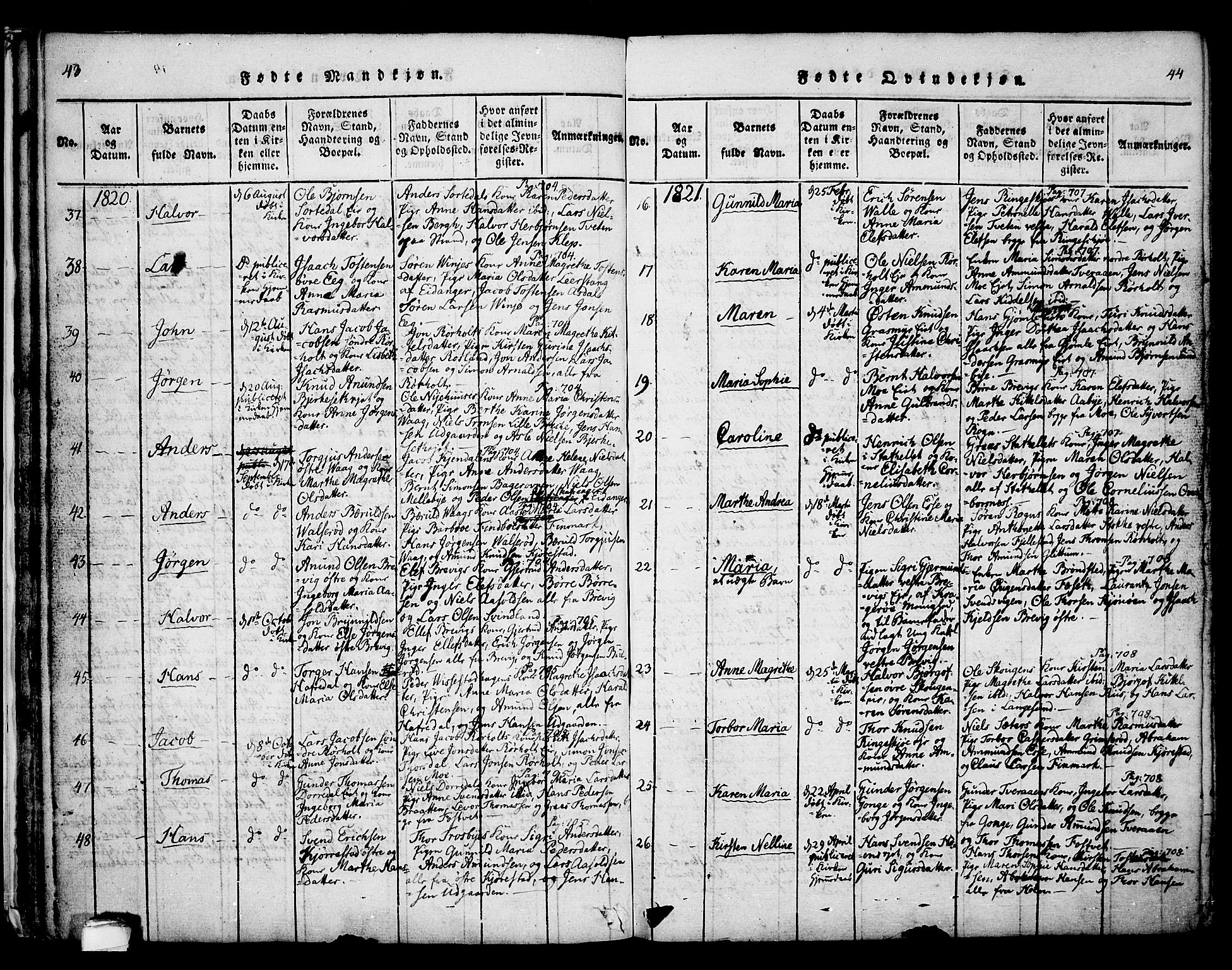 Bamble kirkebøker, SAKO/A-253/F/Fa/L0003: Ministerialbok nr. I 3 /1, 1814-1834, s. 43-44