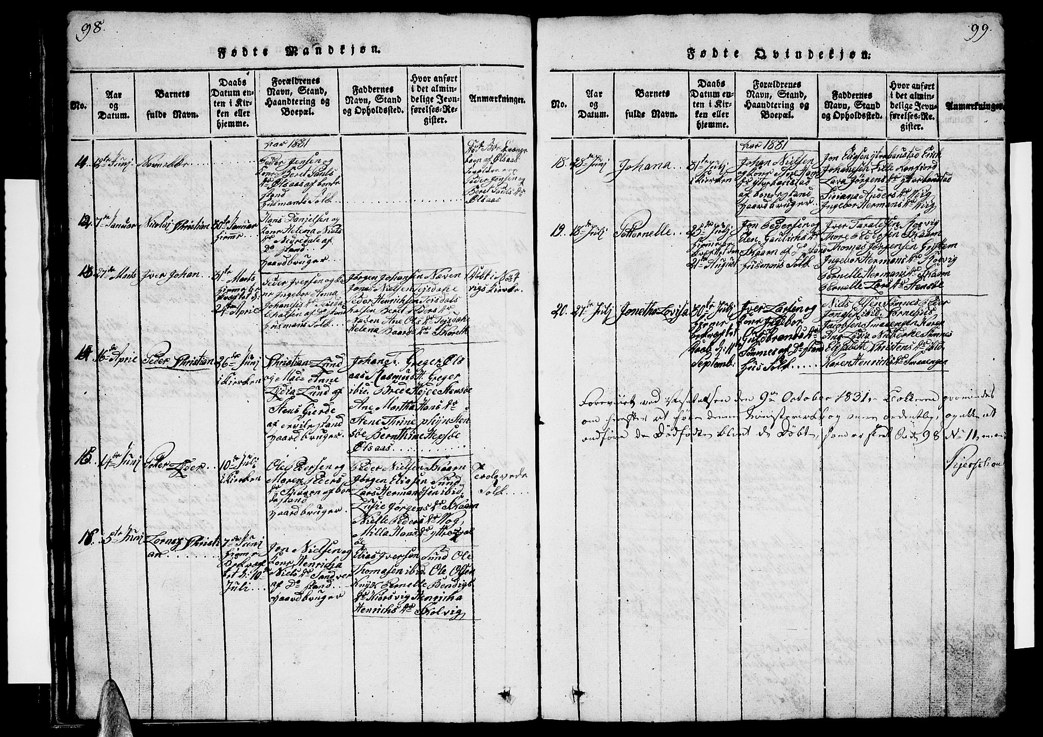 Ministerialprotokoller, klokkerbøker og fødselsregistre - Nordland, AV/SAT-A-1459/812/L0186: Klokkerbok nr. 812C04, 1820-1849, s. 98-99