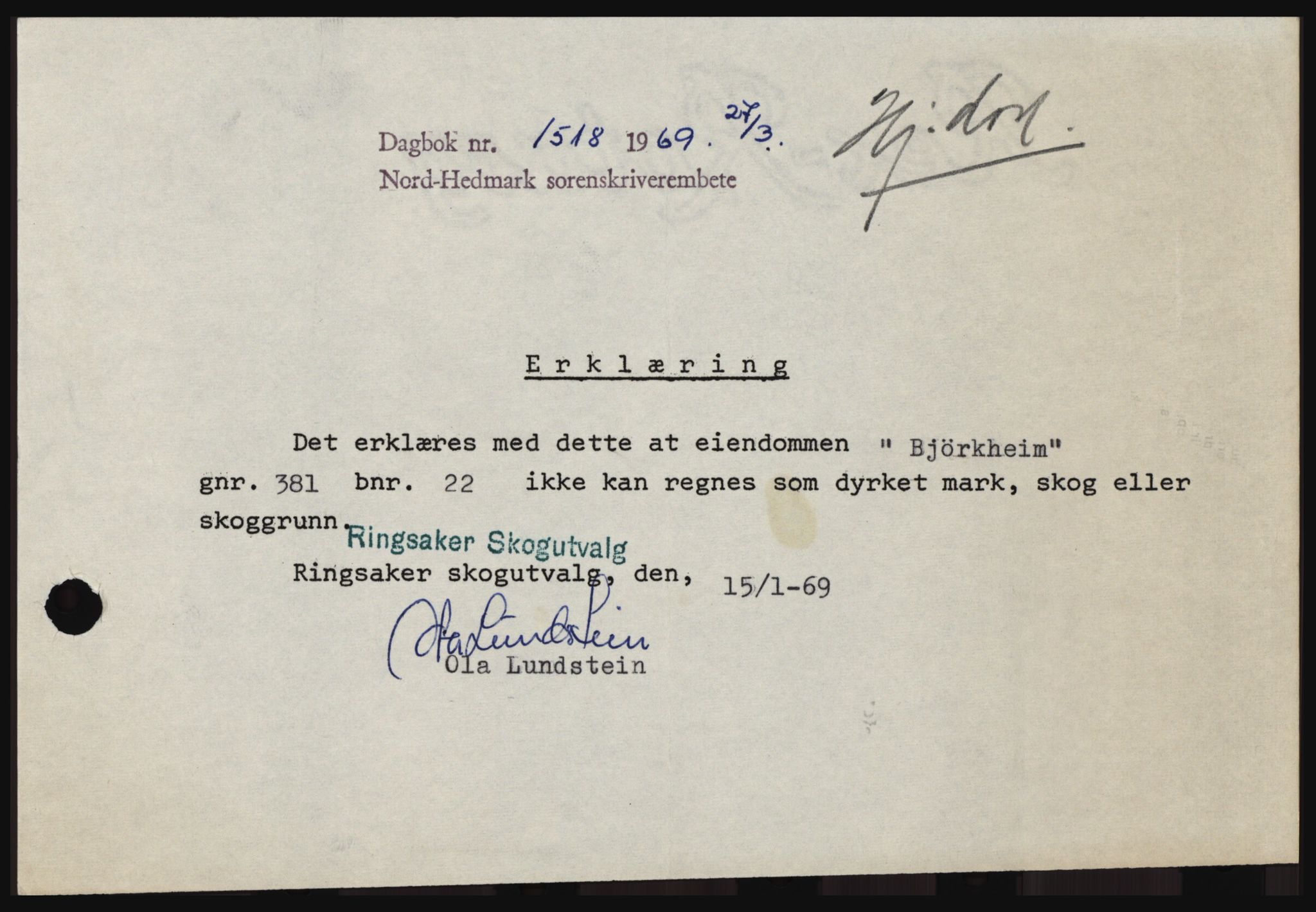 Nord-Hedmark sorenskriveri, SAH/TING-012/H/Hc/L0030: Pantebok nr. 30, 1969-1969, Dagboknr: 1518/1969